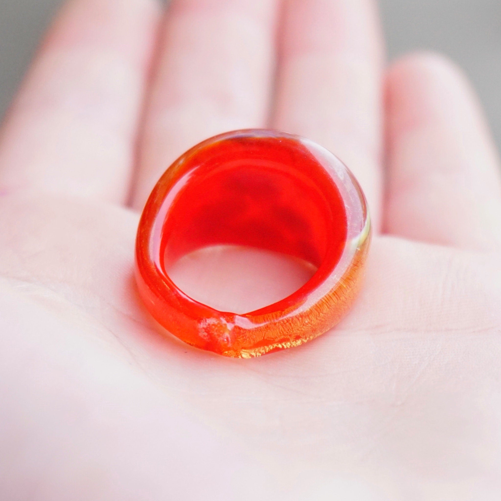 Vintage Murano Millefiori Glass Art Ring, Beautiful Red Glass Bubble Ring, Venetian Glass Ring With Gold Textures, Size 8 US Ring