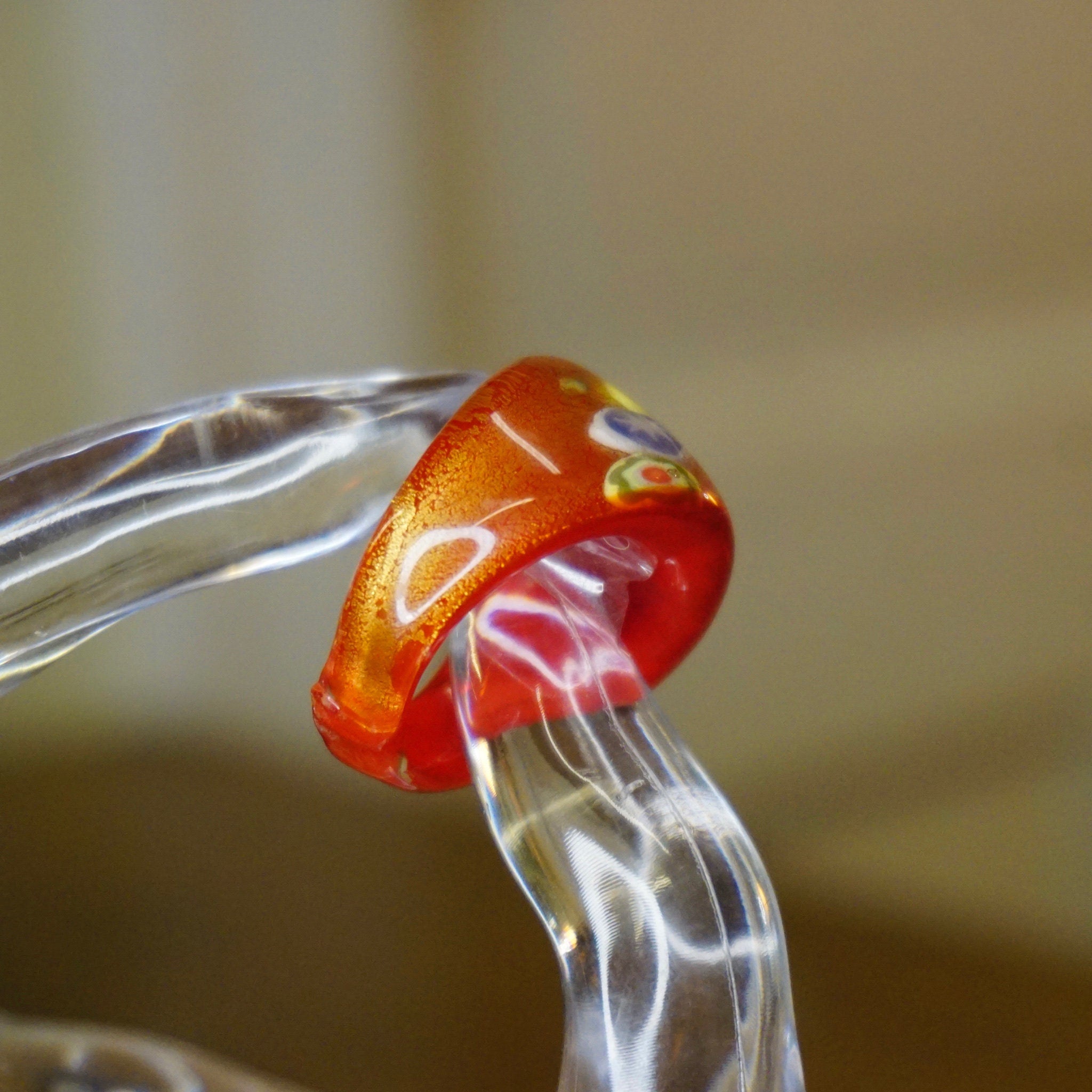 Vintage Murano Millefiori Glass Art Ring, Beautiful Red Glass Bubble Ring, Venetian Glass Ring With Gold Textures, Size 8 US Ring