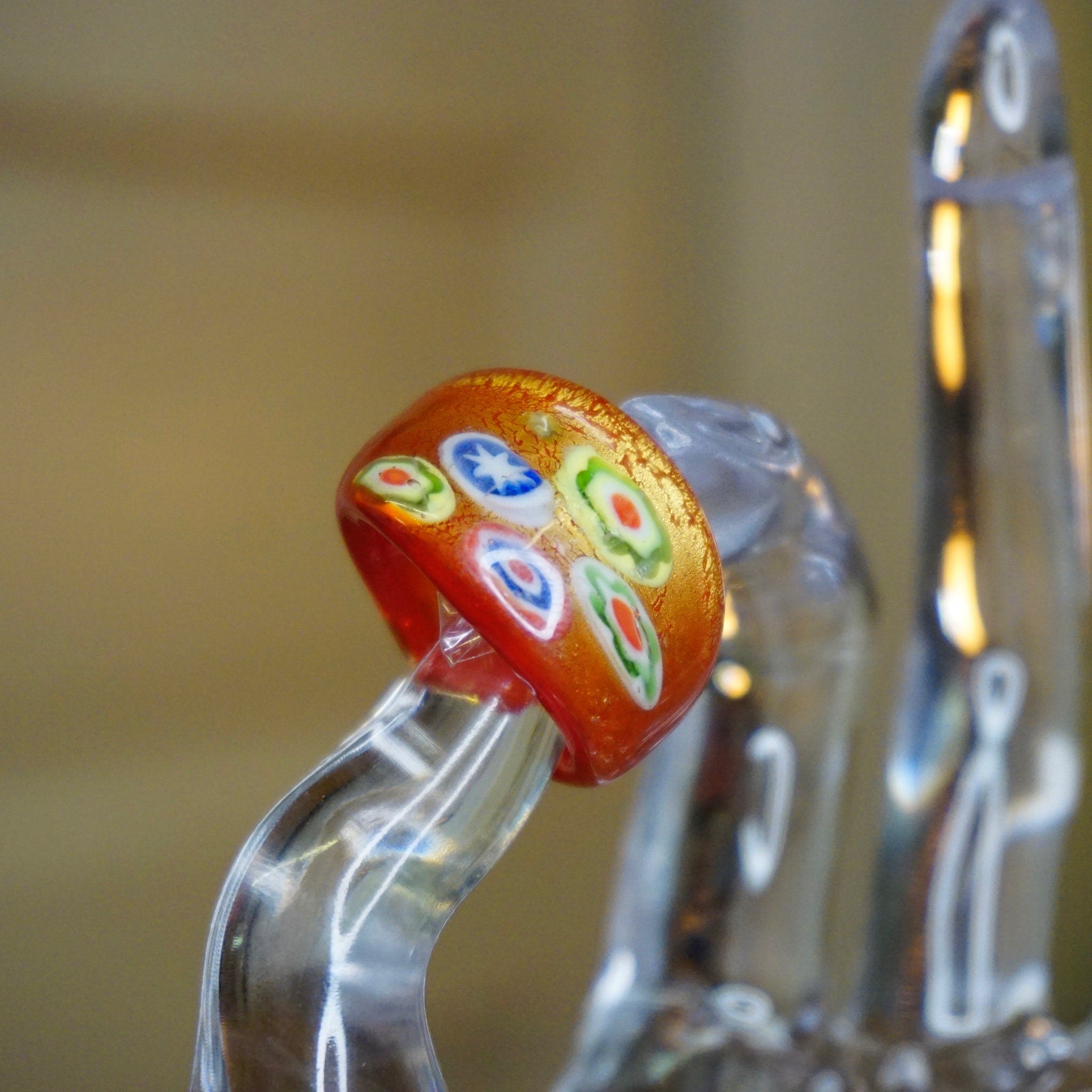 Vintage Murano Millefiori Glass Art Ring, Beautiful Red Glass Bubble Ring, Venetian Glass Ring With Gold Textures, Size 8 US Ring