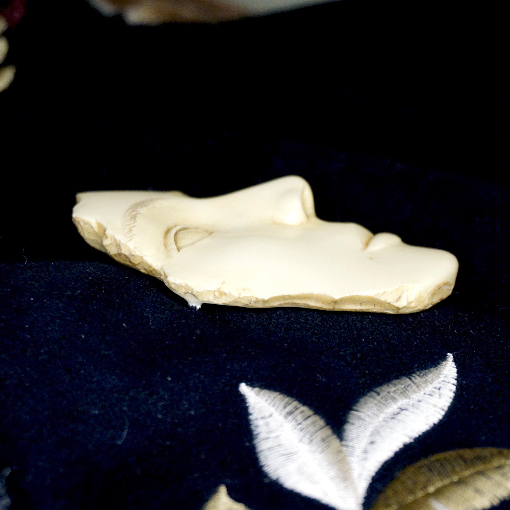 Vintage Artisan Woman Face Brooch, Signed Hessel '89, Fragmented Face Pin, Unique White Ceramic Face Brooch, Hand Carved Face Pin