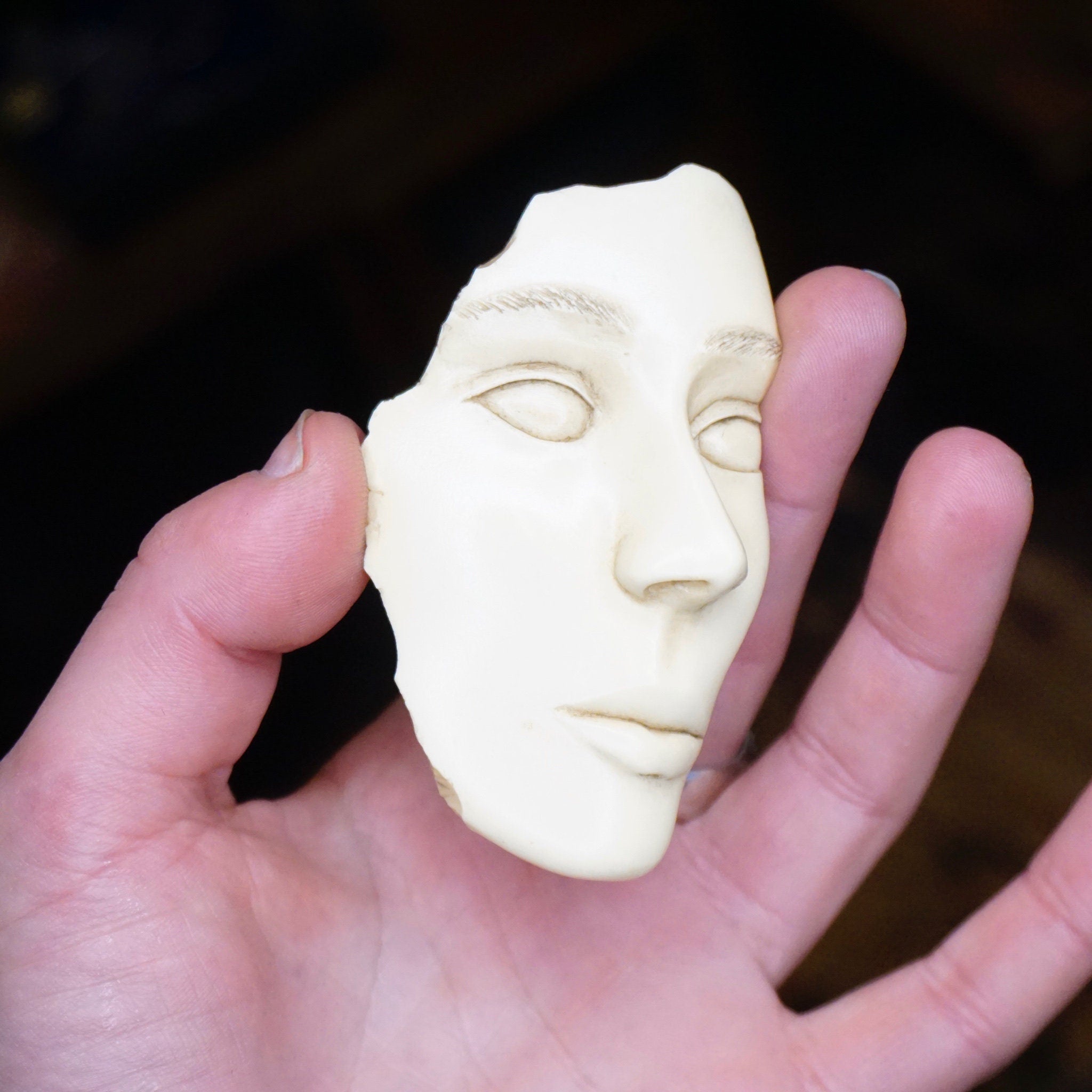 Vintage Artisan Woman Face Brooch, Signed Hessel '89, Fragmented Face Pin, Unique White Ceramic Face Brooch, Hand Carved Face Pin