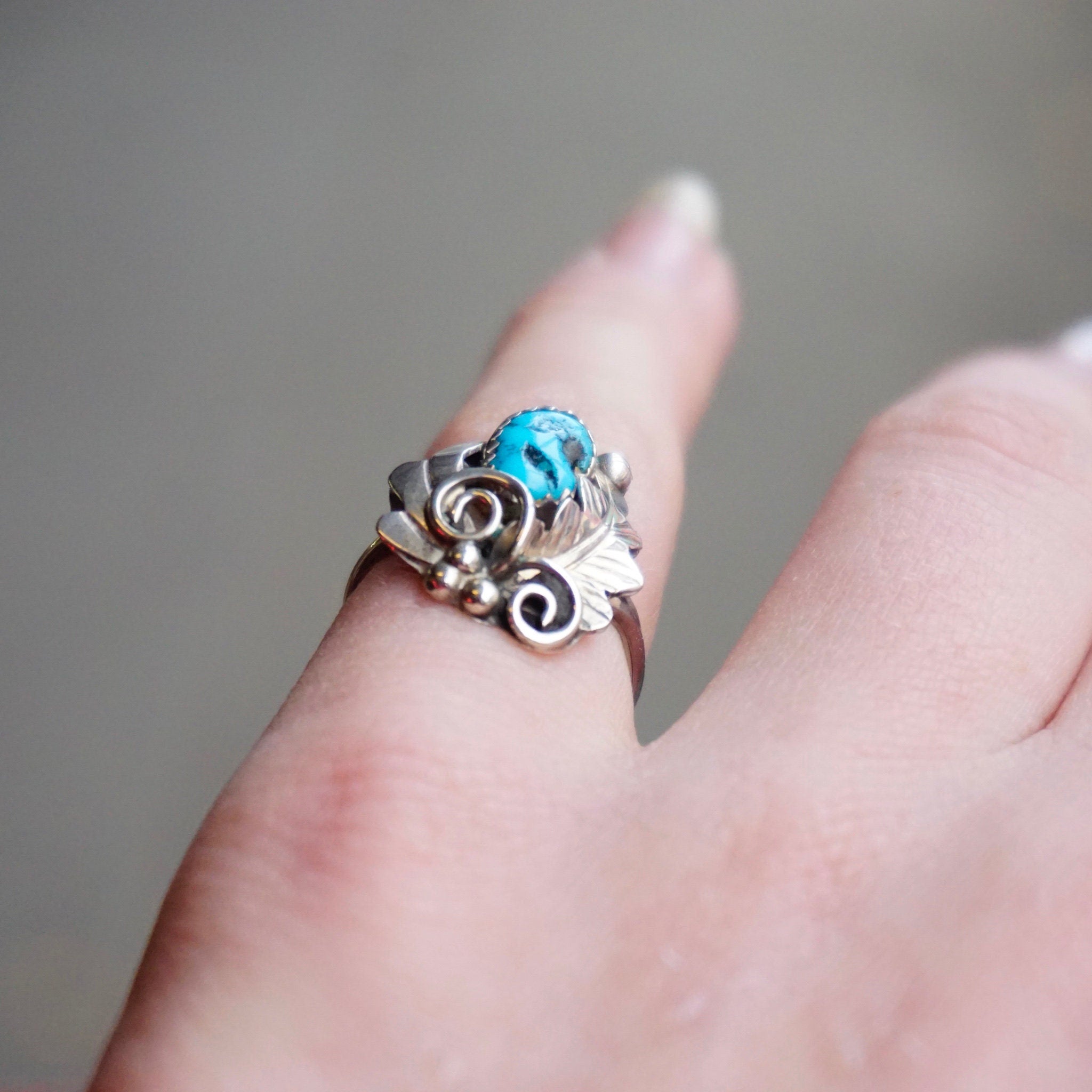 Vintage Sterling Silver Turquoise Ring, HN Sterling Ring With Turquoise And Silver Leaf Details, Natural Turquoise, Native American Jewelry
