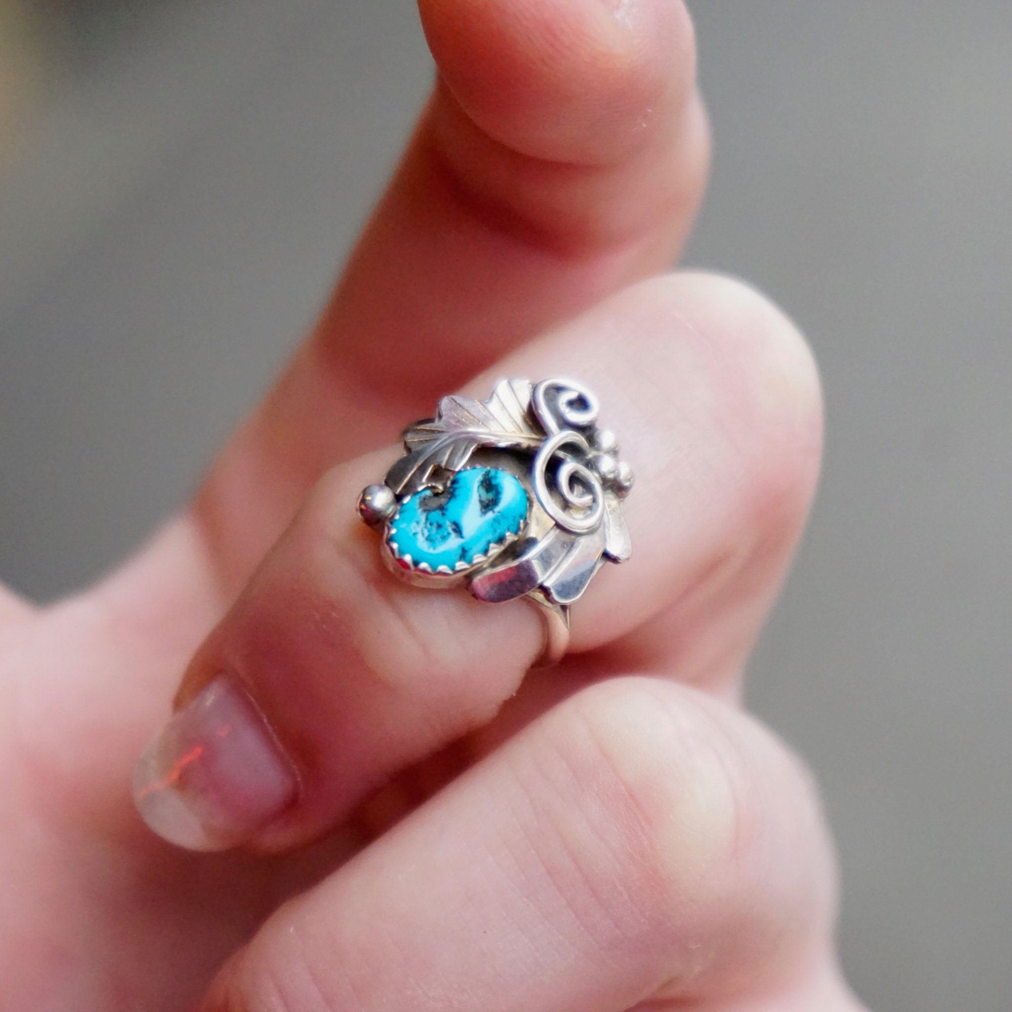 Vintage Sterling Silver Turquoise Ring, HN Sterling Ring With Turquoise And Silver Leaf Details, Natural Turquoise, Native American Jewelry
