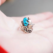 Vintage Sterling Silver Turquoise Ring, HN Sterling Ring With Turquoise And Silver Leaf Details, Natural Turquoise, Native American Jewelry