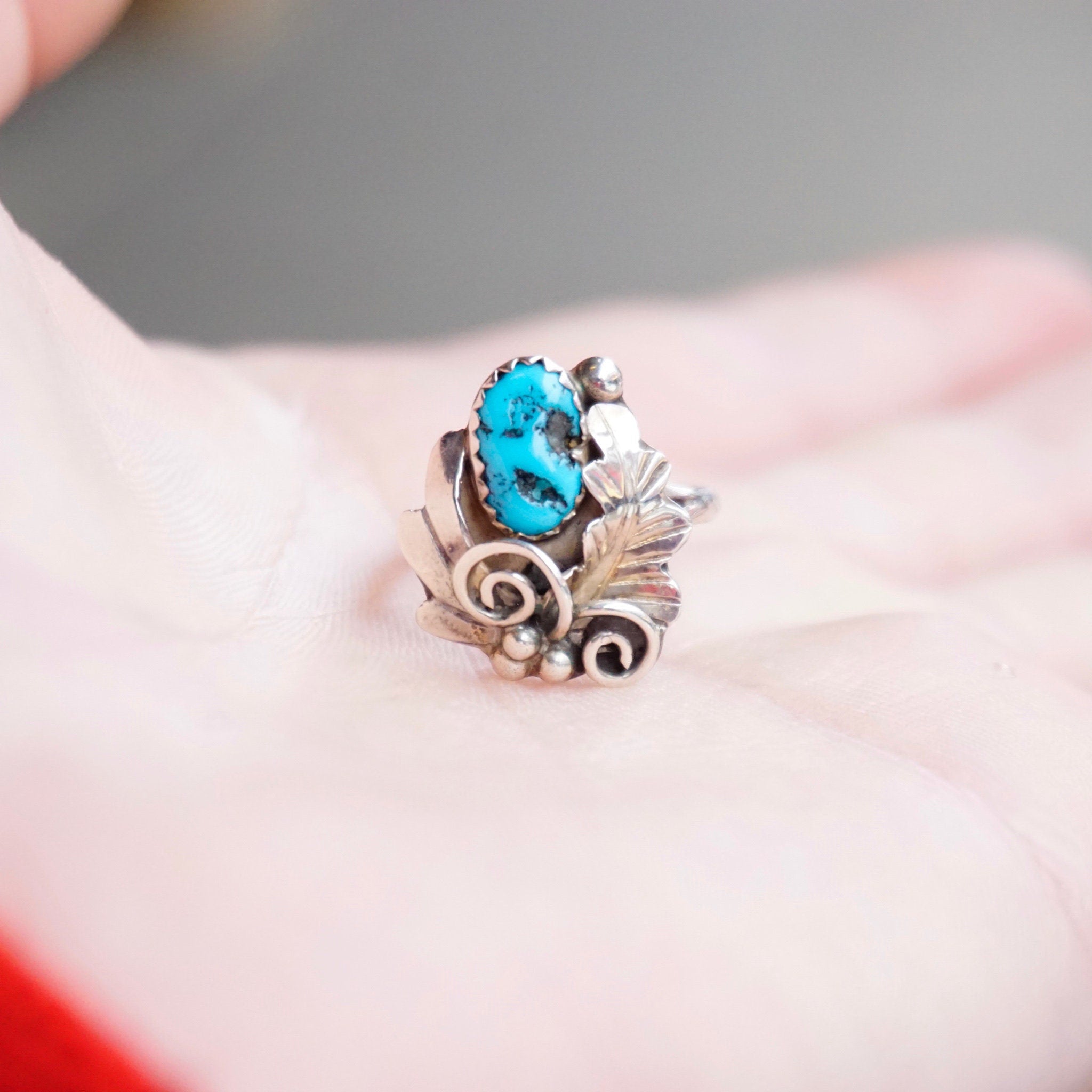Vintage Sterling Silver Turquoise Ring, HN Sterling Ring With Turquoise And Silver Leaf Details, Natural Turquoise, Native American Jewelry