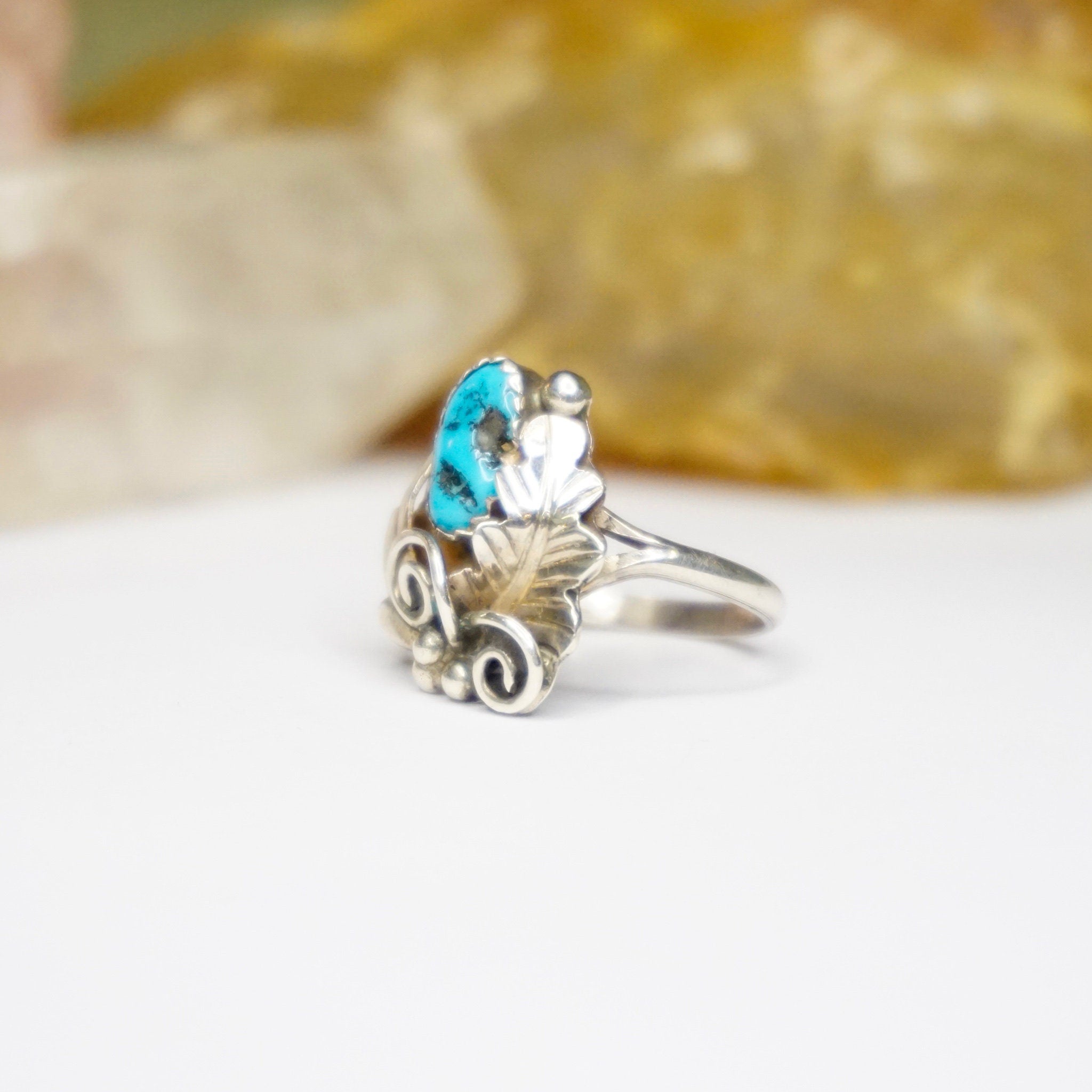 Vintage Sterling Silver Turquoise Ring, HN Sterling Ring With Turquoise And Silver Leaf Details, Natural Turquoise, Native American Jewelry