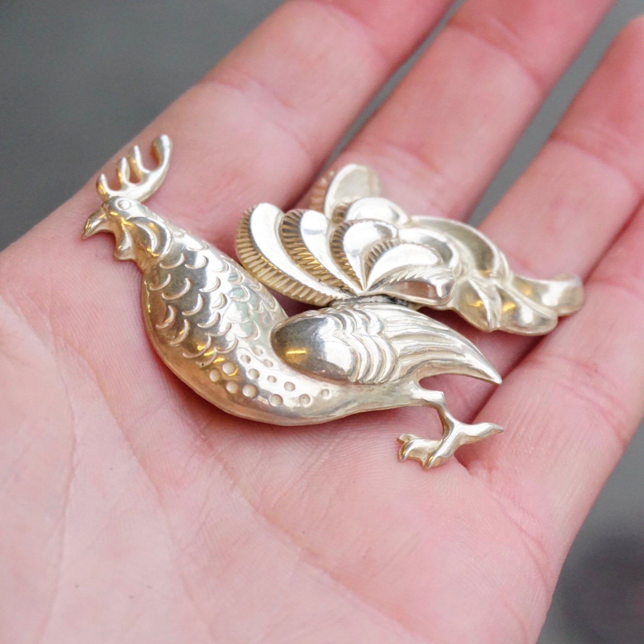 Vintage Sterling Lang Rooster Brooch, 1940's Ornate Silver Rooster Pin, Detailed Sterling Silver Rooster Brooch, Lang Sterling, 925 Jewelry