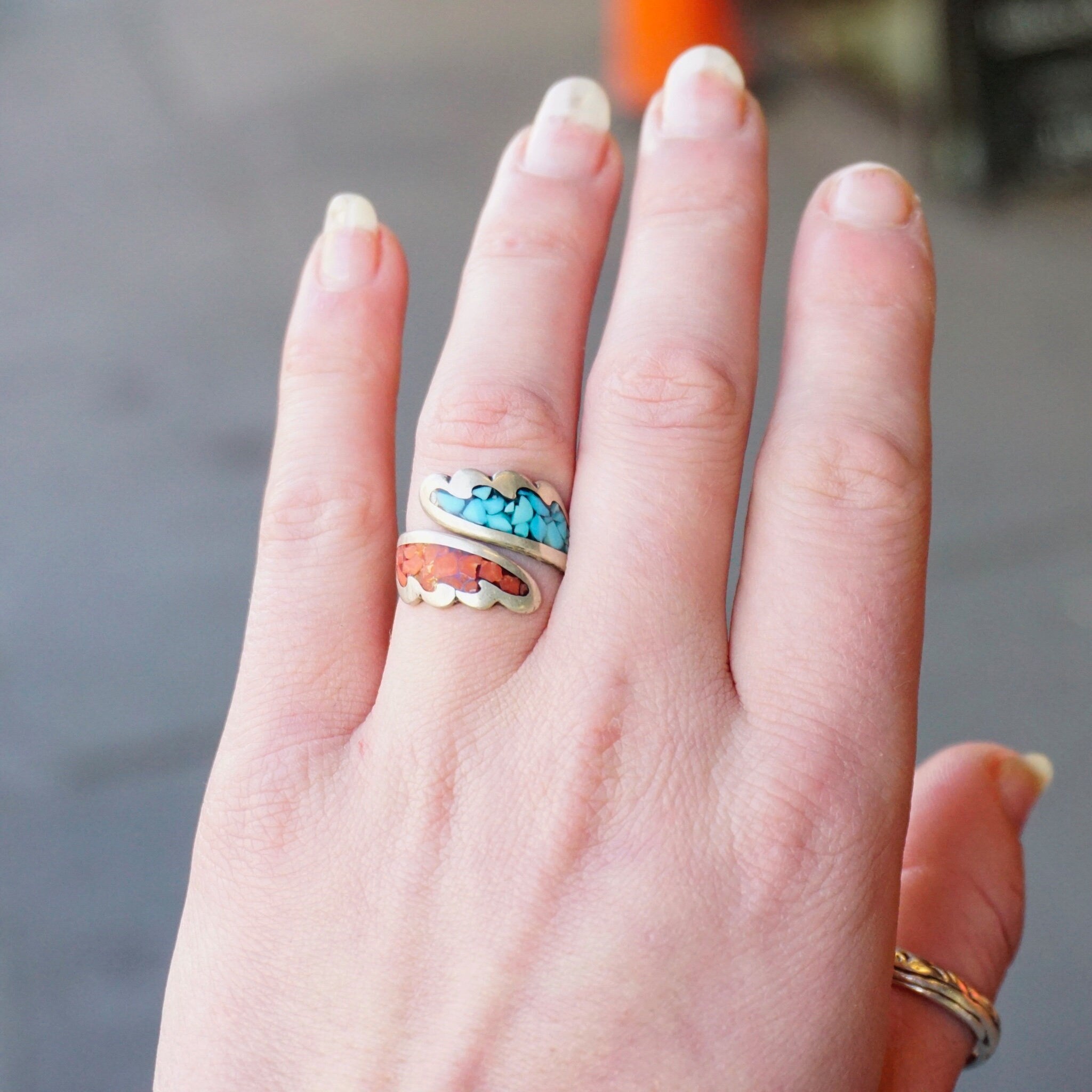 Vintage Turquoise & Coral Mosaic Ring, Silver Wrap Ring With Inlaid Turquoise And Coral, Adjustable Silver Ring, Native American Jewelry