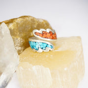 Vintage Turquoise & Coral Mosaic Ring, Silver Wrap Ring With Inlaid Turquoise And Coral, Adjustable Silver Ring, Native American Jewelry