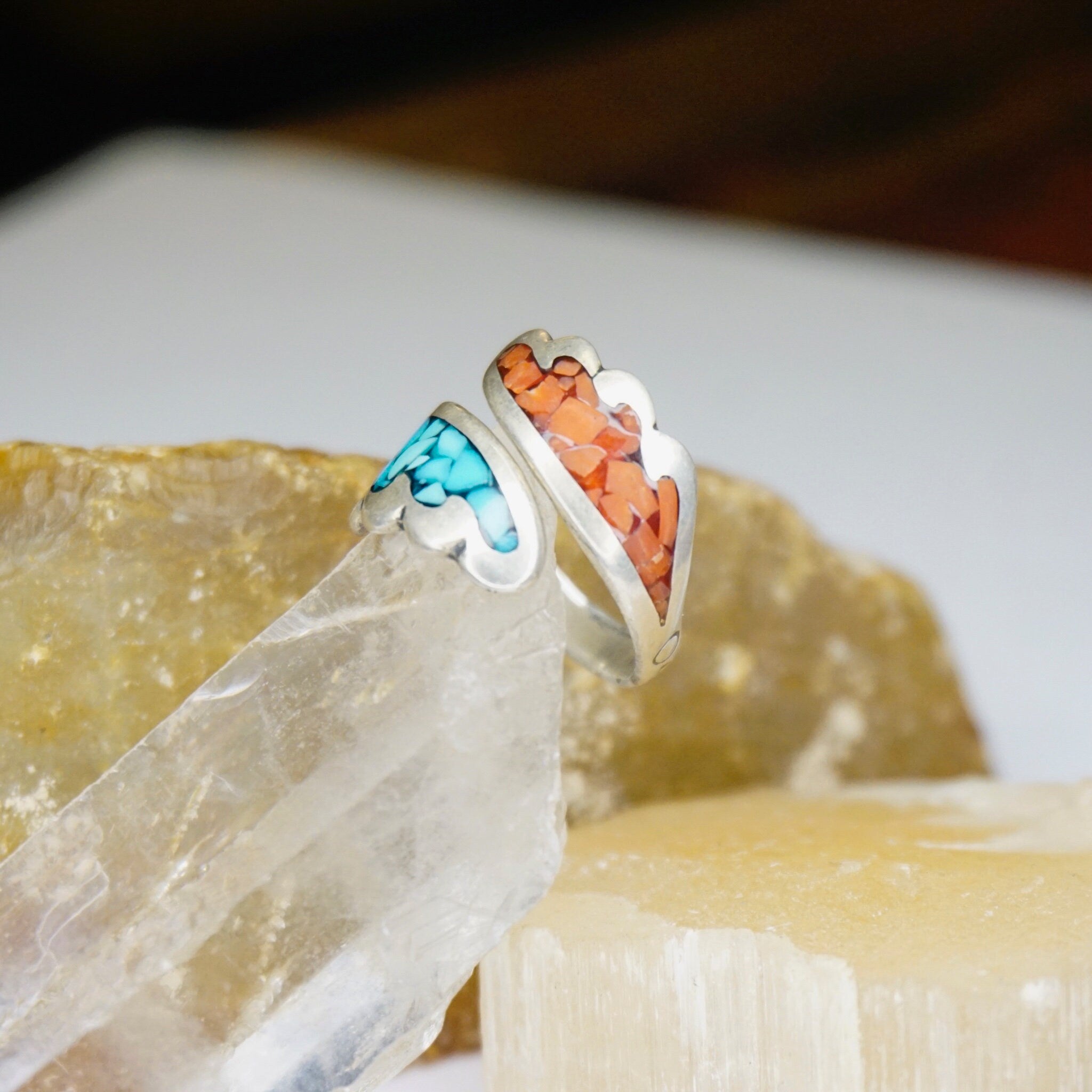 Vintage Turquoise & Coral Mosaic Ring, Silver Wrap Ring With Inlaid Turquoise And Coral, Adjustable Silver Ring, Native American Jewelry