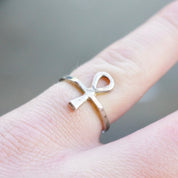 Sterling silver Ankh ring on finger, Egyptian cross symbol ring, petite vintage sterling silver jewelry
