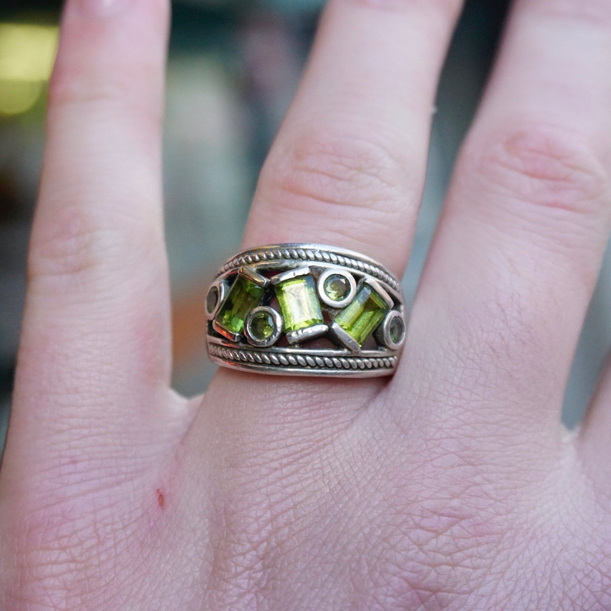 Vintage Sterling Silver Ring With Green Jewels, Thick Silver Ring With Multiple Green Stones, Round and Baguette Cut Glass Ring, 925 Jewelry