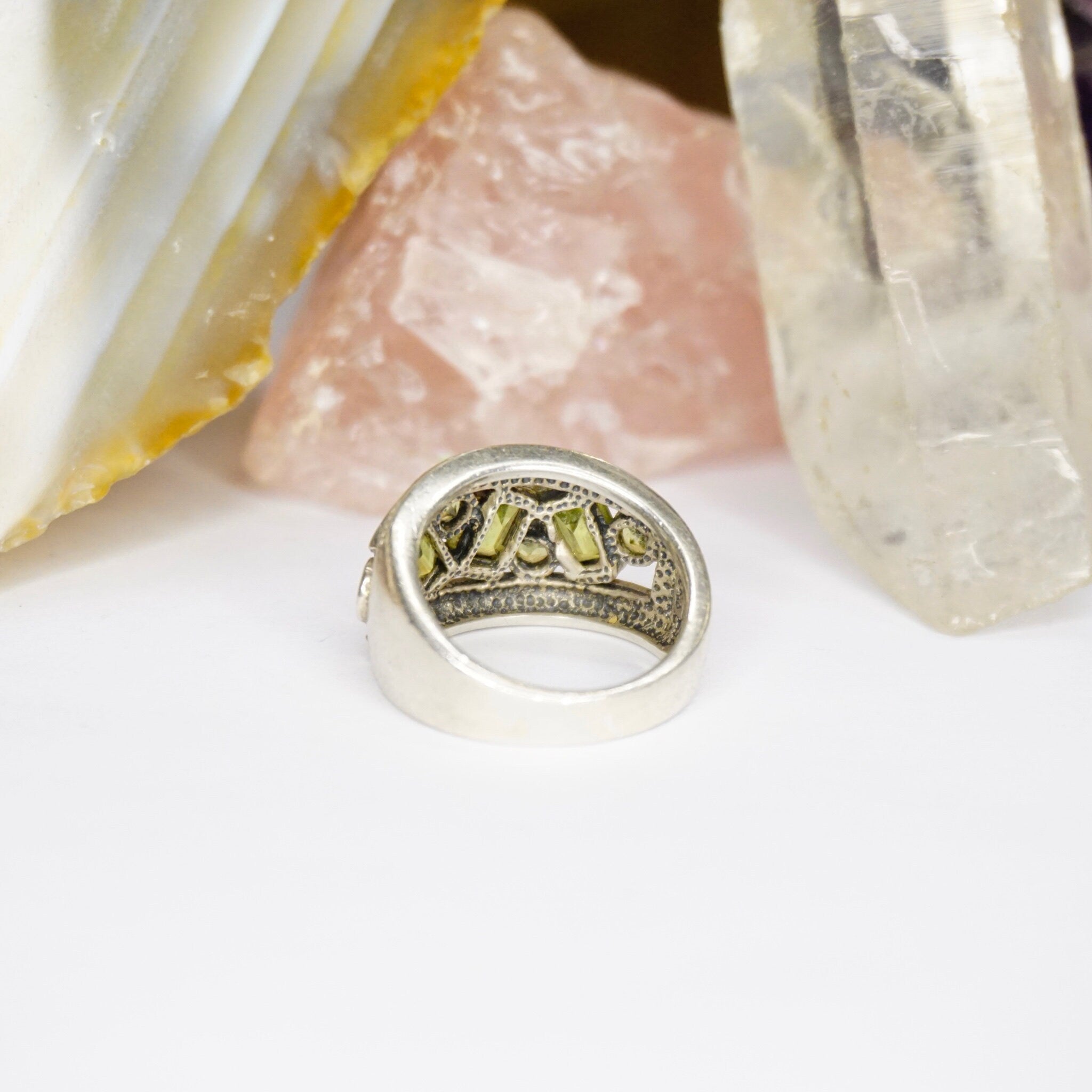 Vintage Sterling Silver Ring With Green Jewels, Thick Silver Ring With Multiple Green Stones, Round and Baguette Cut Glass Ring, 925 Jewelry