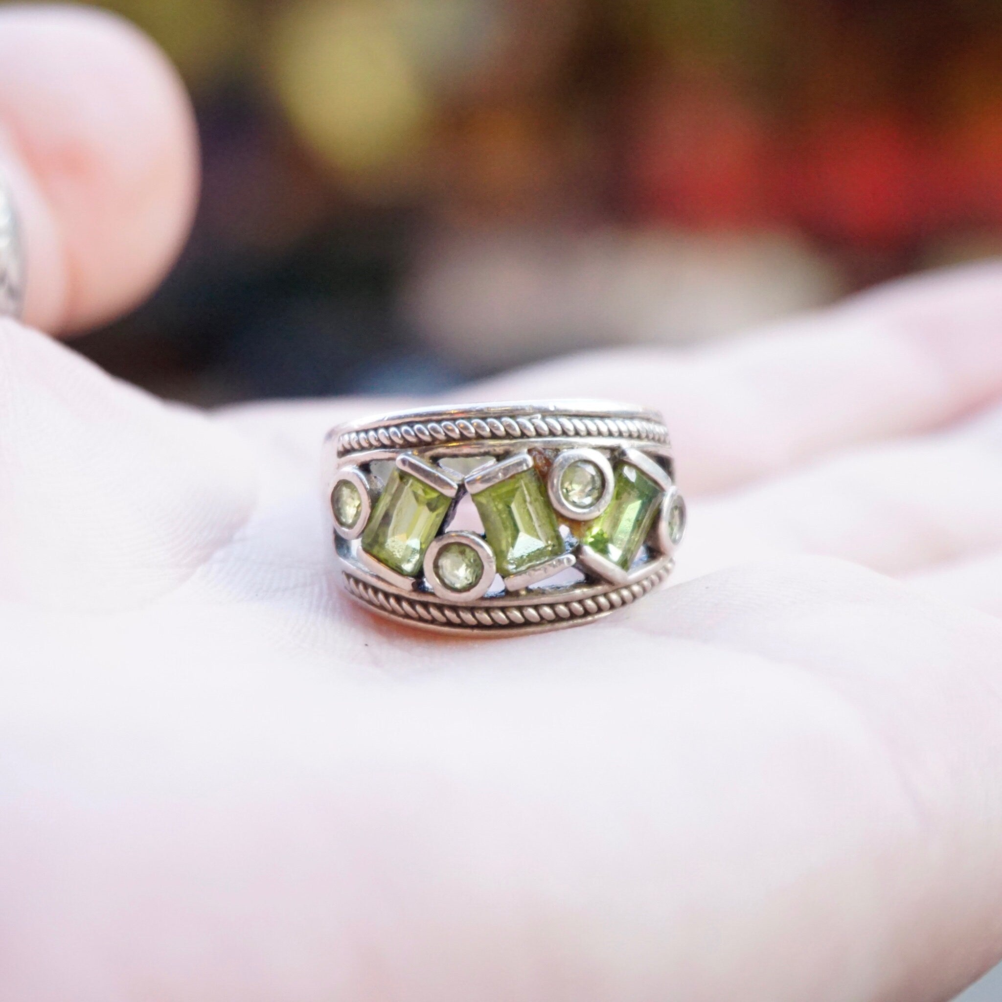 Vintage Sterling Silver Ring With Green Jewels, Thick Silver Ring With Multiple Green Stones, Round and Baguette Cut Glass Ring, 925 Jewelry