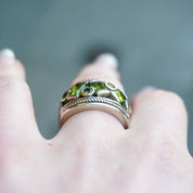 Vintage Sterling Silver Ring With Green Jewels, Thick Silver Ring With Multiple Green Stones, Round and Baguette Cut Glass Ring, 925 Jewelry