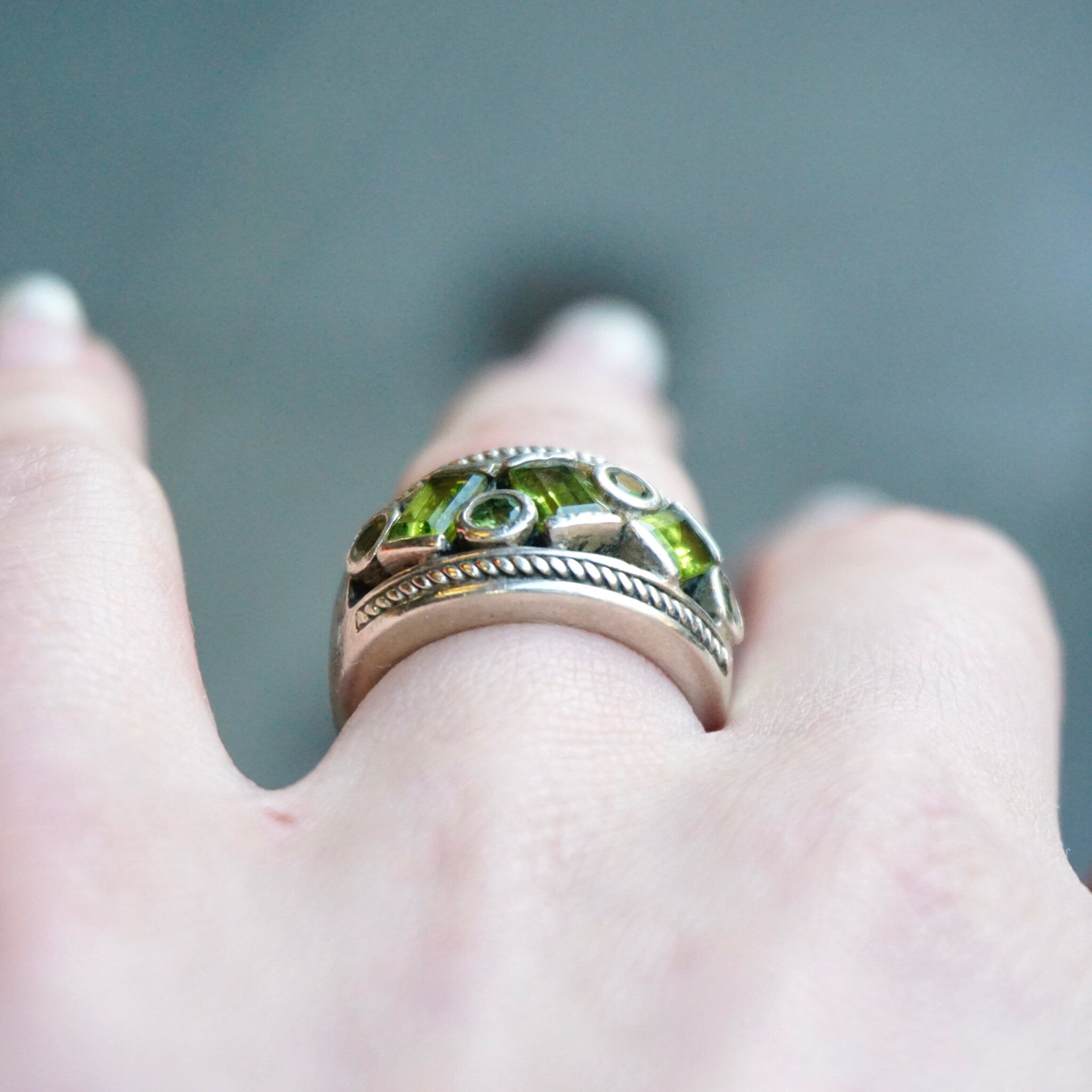 Vintage Sterling Silver Ring With Green Jewels, Thick Silver Ring With Multiple Green Stones, Round and Baguette Cut Glass Ring, 925 Jewelry