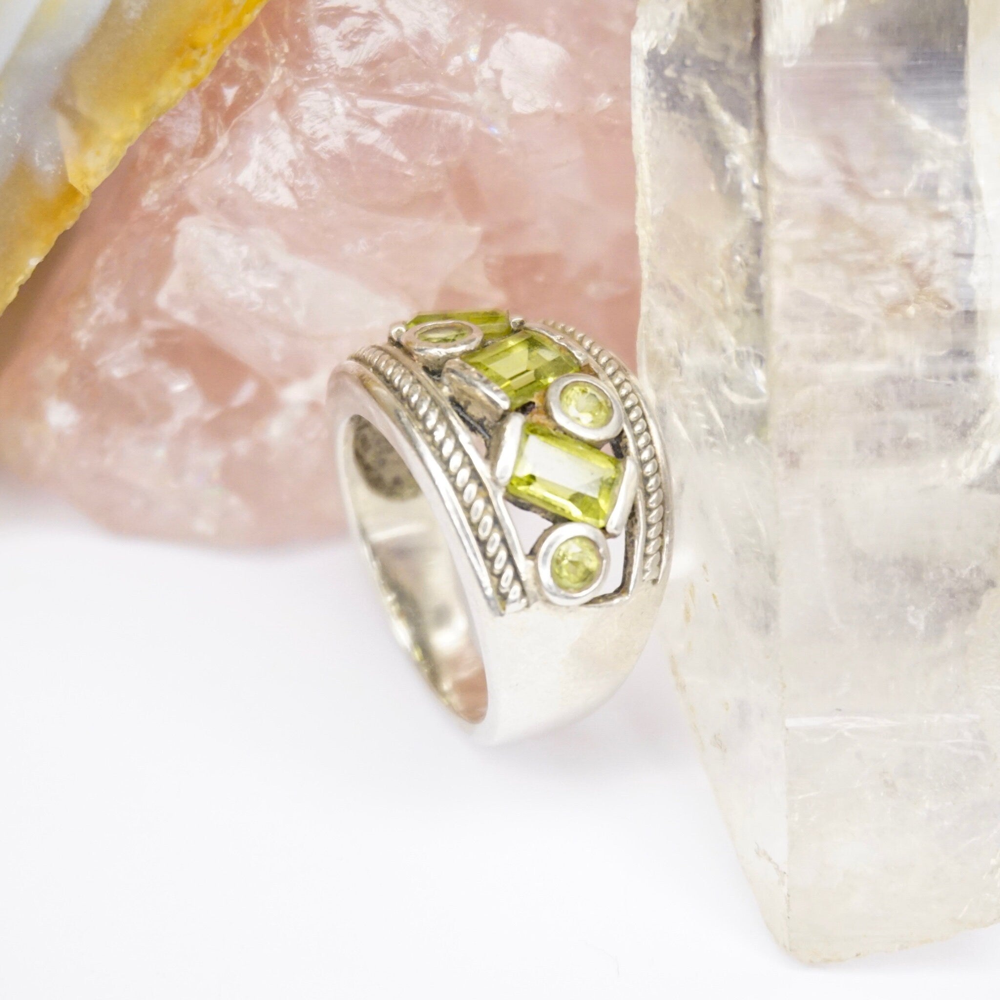 Vintage Sterling Silver Ring With Green Jewels, Thick Silver Ring With Multiple Green Stones, Round and Baguette Cut Glass Ring, 925 Jewelry