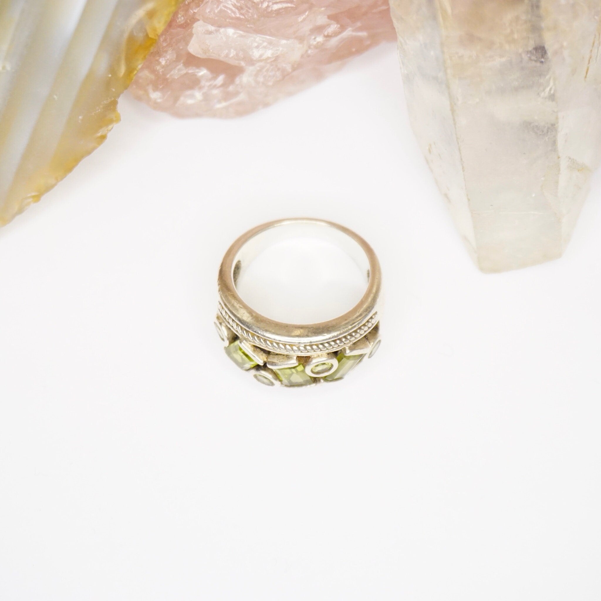 Vintage Sterling Silver Ring With Green Jewels, Thick Silver Ring With Multiple Green Stones, Round and Baguette Cut Glass Ring, 925 Jewelry