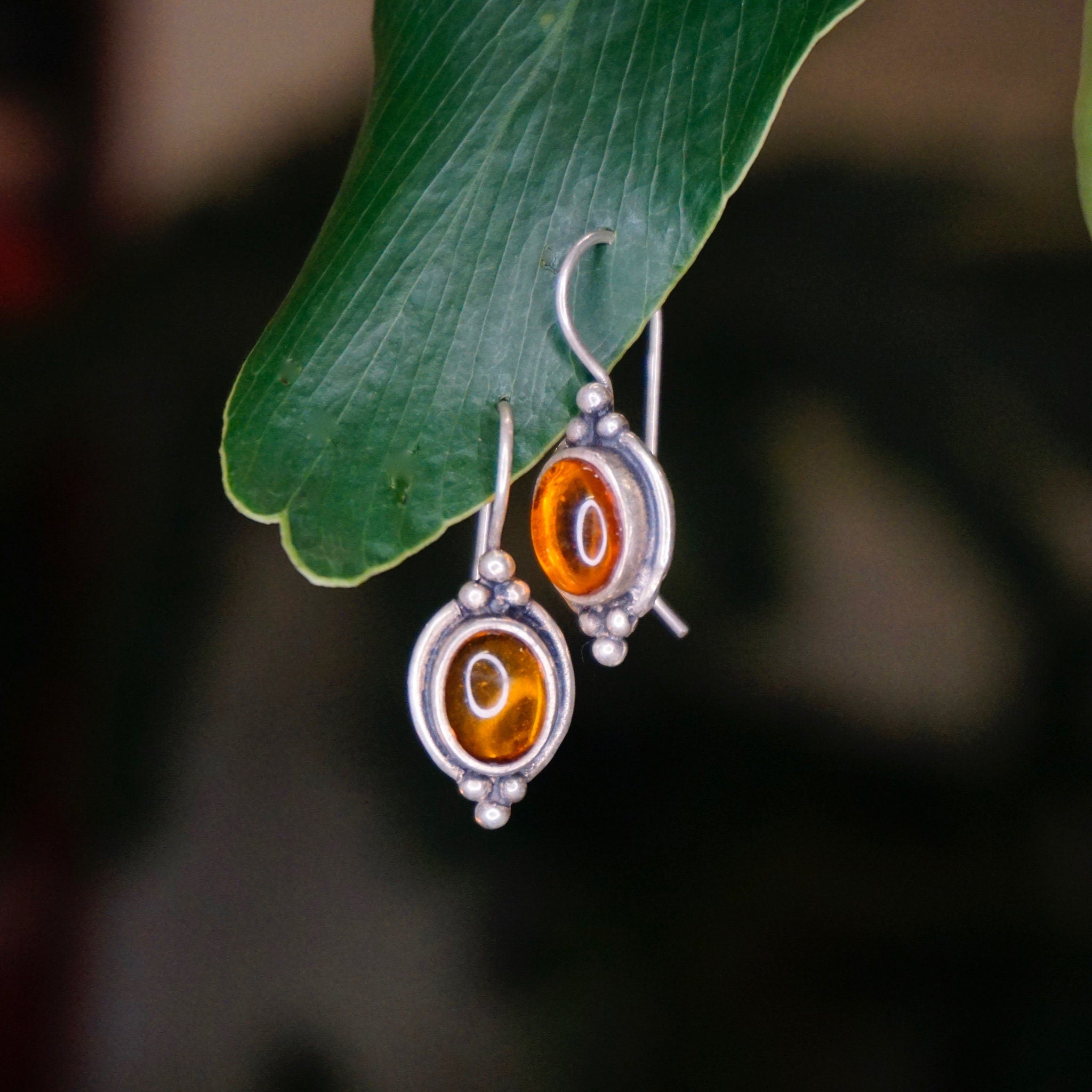 Vintage Amber Sterling Silver Drop Earrings, Small Fish Hook Earrings With Natural Amber, Beautiful Amber Earrings With Silver Details, 925