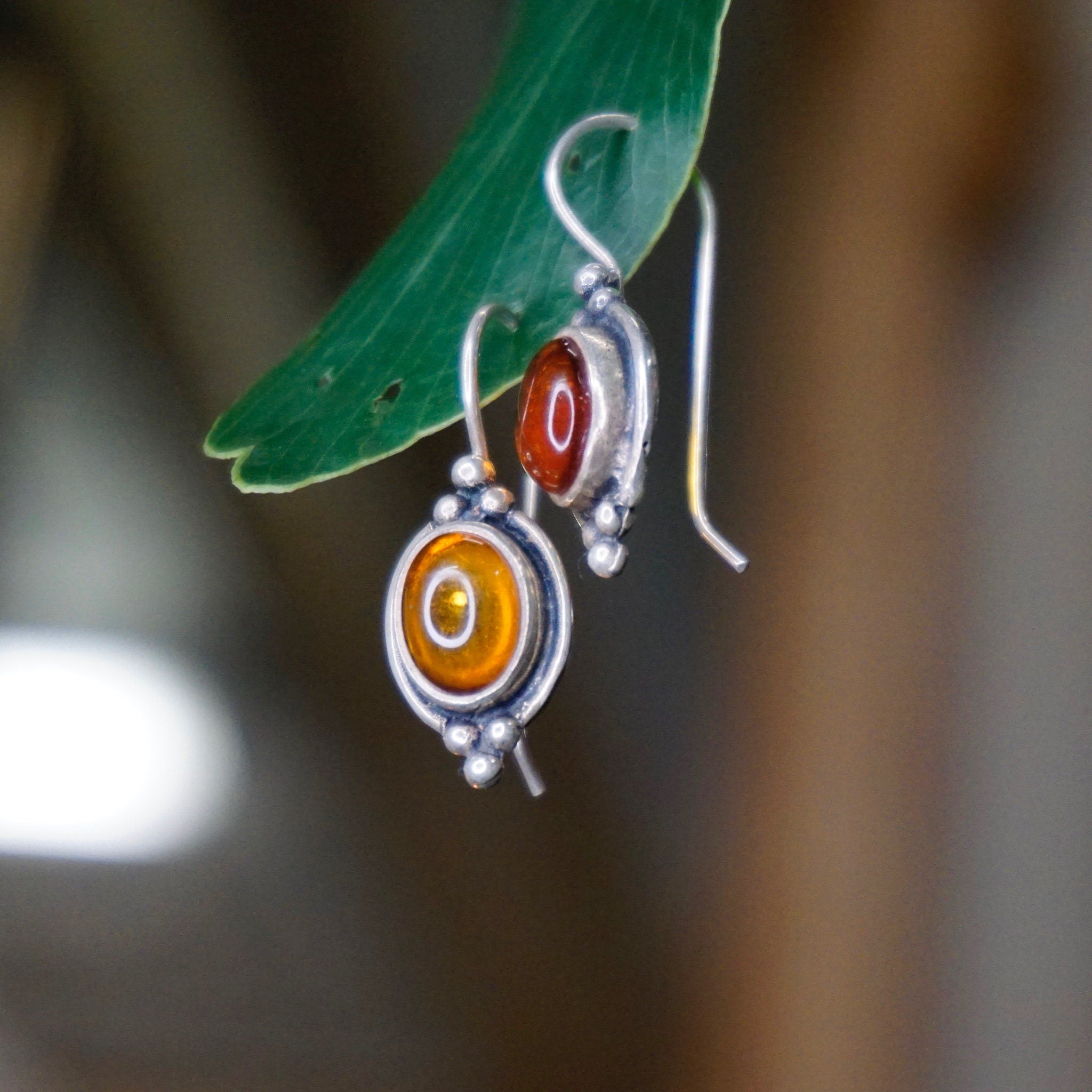 Vintage Amber Sterling Silver Drop Earrings, Small Fish Hook Earrings With Natural Amber, Beautiful Amber Earrings With Silver Details, 925