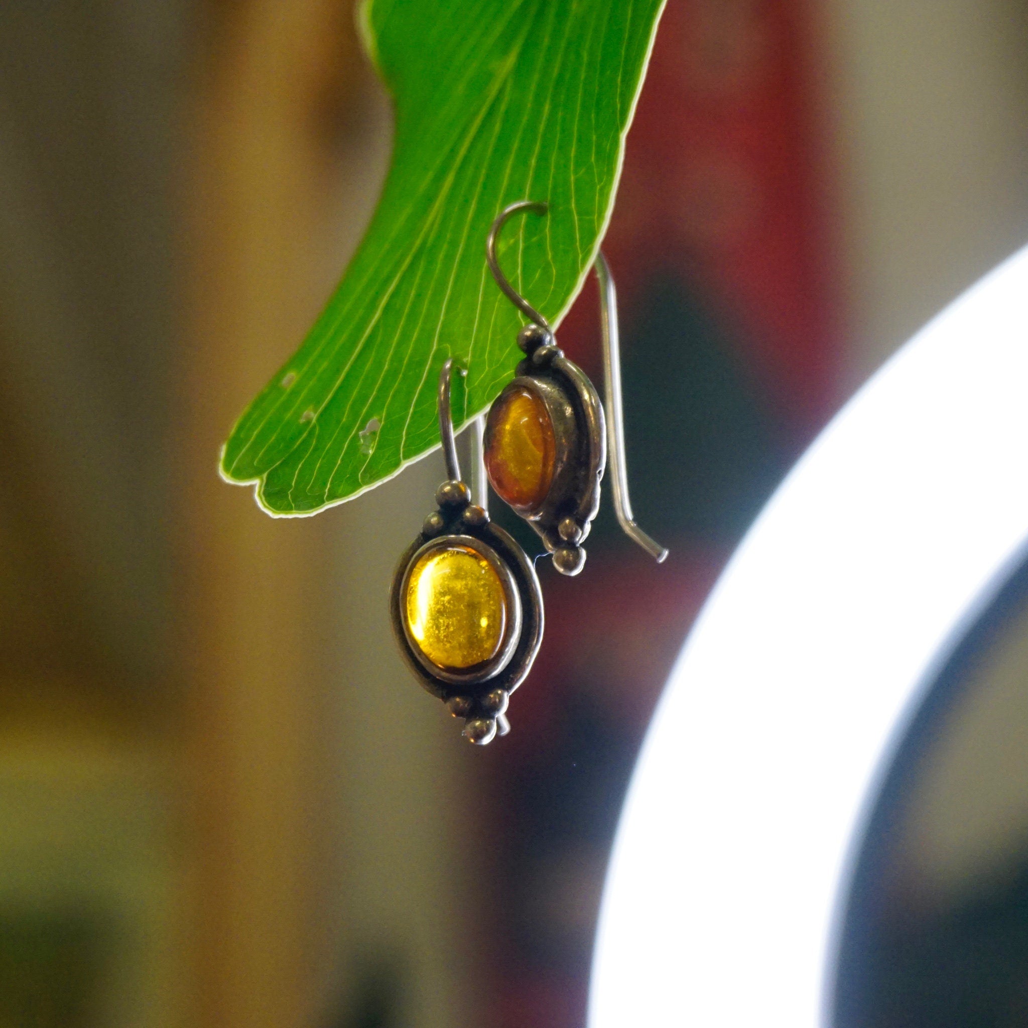 Vintage Amber Sterling Silver Drop Earrings, Small Fish Hook Earrings With Natural Amber, Beautiful Amber Earrings With Silver Details, 925