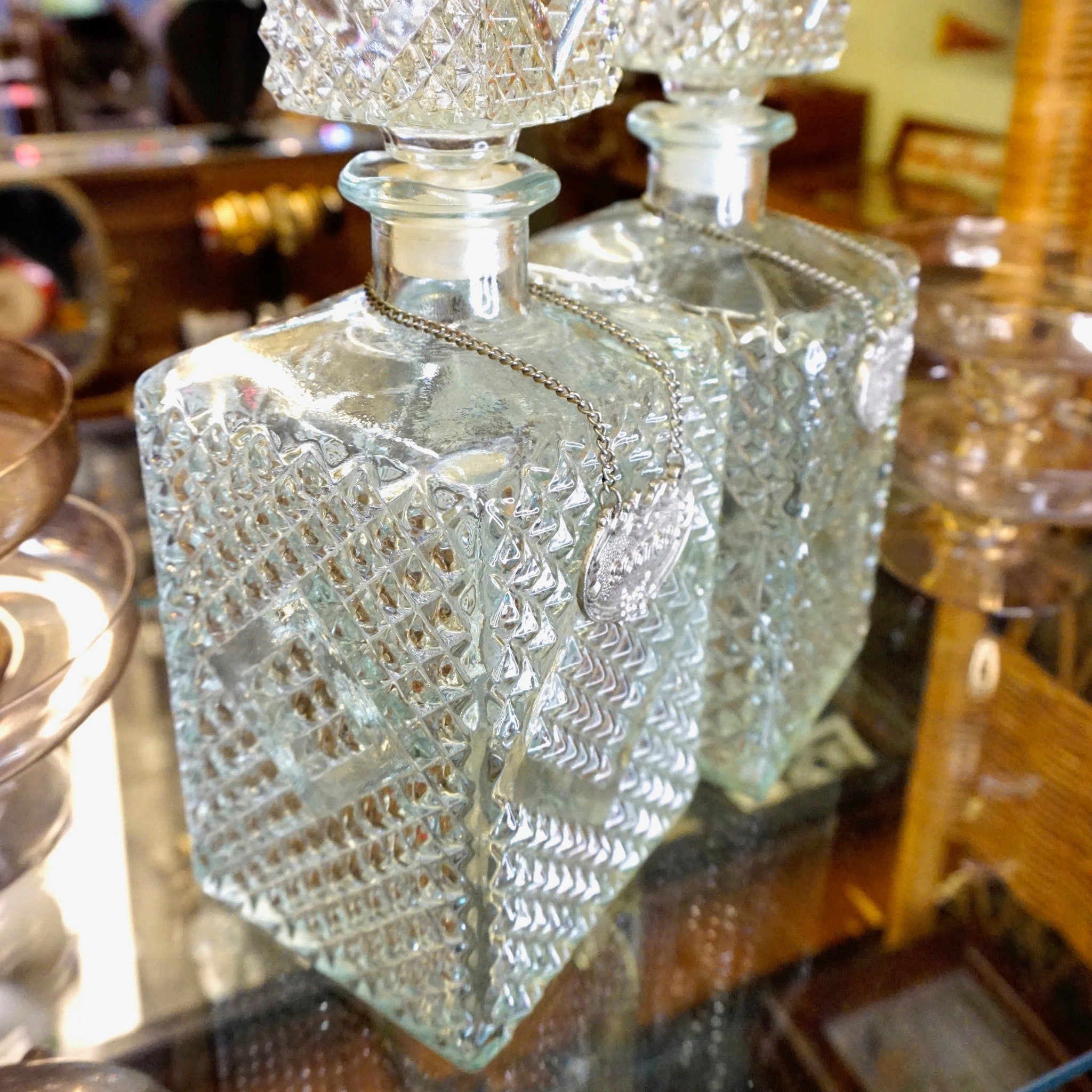 Vintage Diamond Cut Glass Decanter Set, Beautiful Glass Decanters With Silver Chain Labels, Scotch and Rye, Frosted Glass Decanters