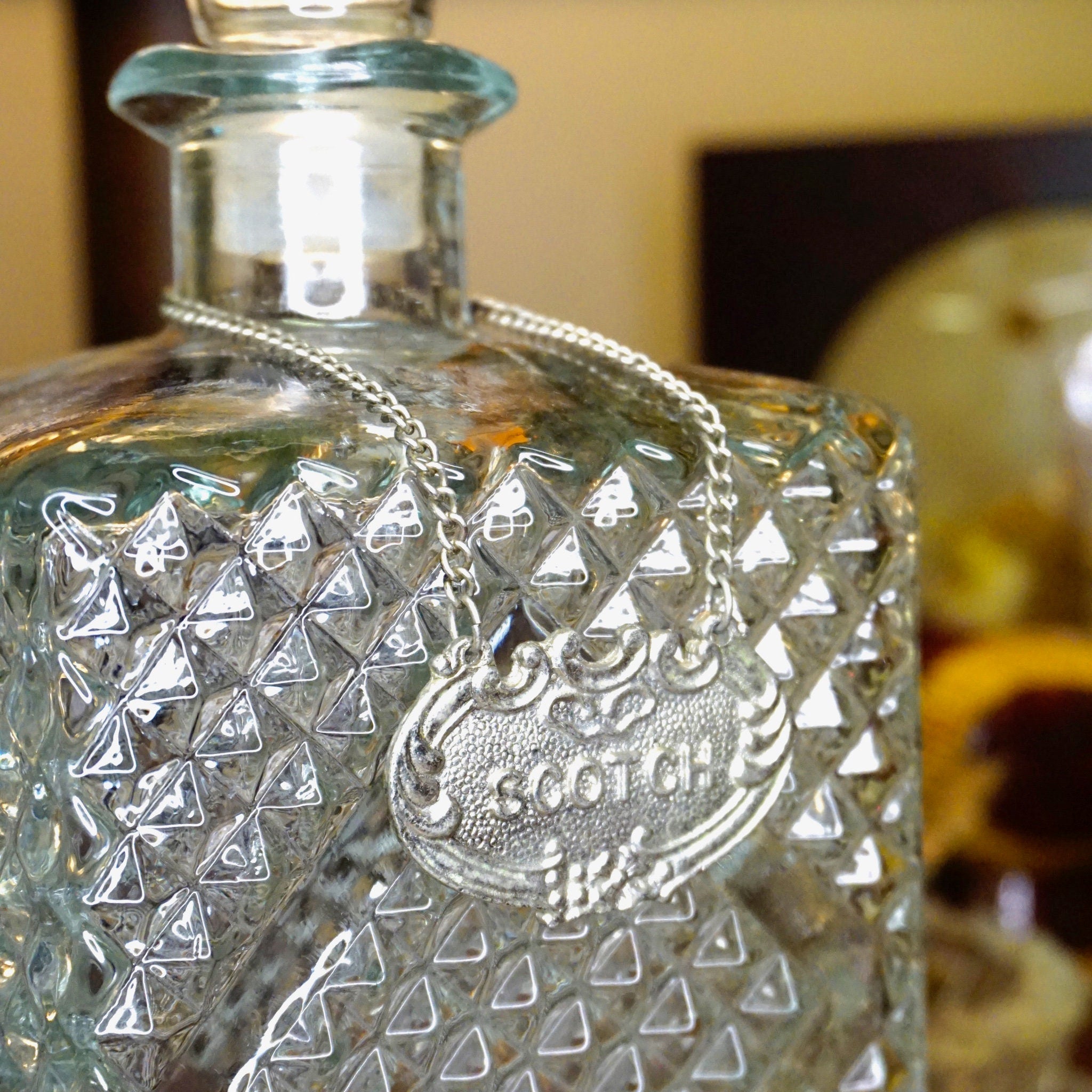 Vintage Diamond Cut Glass Decanter Set, Beautiful Glass Decanters With Silver Chain Labels, Scotch and Rye, Frosted Glass Decanters