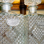 Vintage Diamond Cut Glass Decanter Set, Beautiful Glass Decanters With Silver Chain Labels, Scotch and Rye, Frosted Glass Decanters