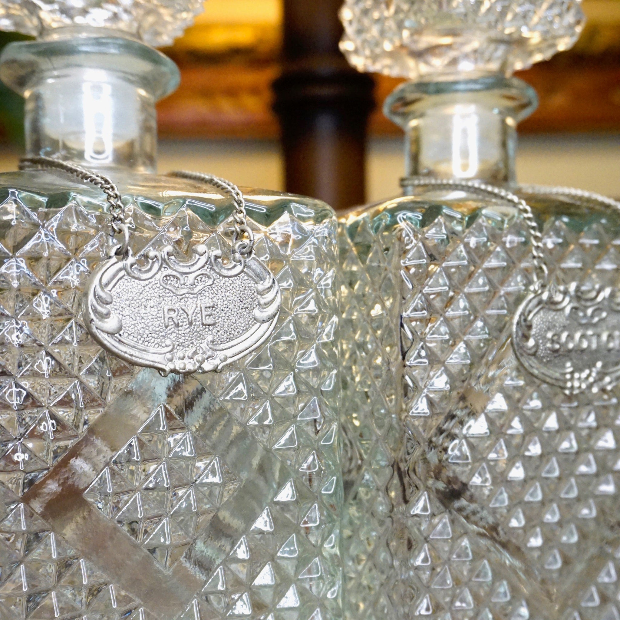 Vintage Diamond Cut Glass Decanter Set, Beautiful Glass Decanters With Silver Chain Labels, Scotch and Rye, Frosted Glass Decanters