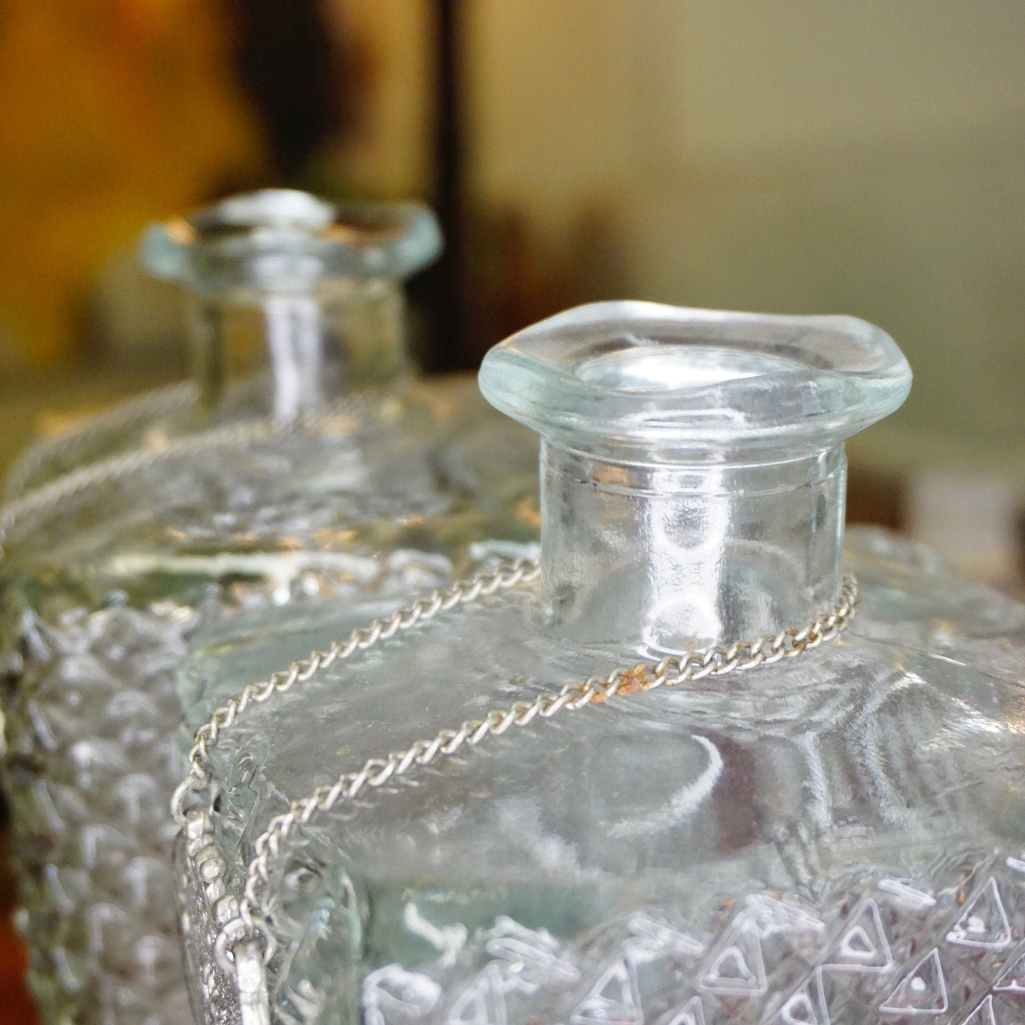 Vintage Diamond Cut Glass Decanter Set, Beautiful Glass Decanters With Silver Chain Labels, Scotch and Rye, Frosted Glass Decanters
