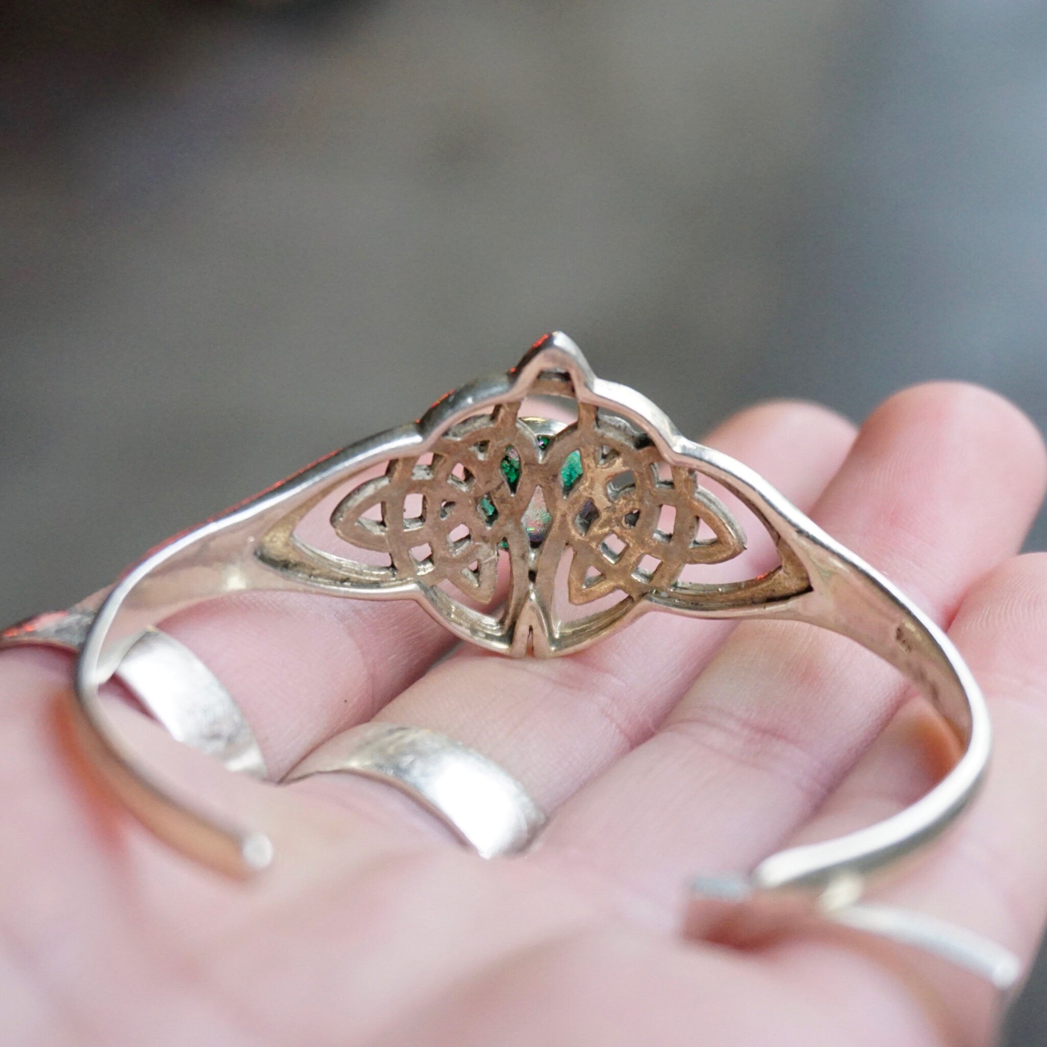 Vintage Synthetic Opal Sterling Silver Cuff, Sterling Silver Cuff With Celtic Knott Design, Silver Cut Out Cuff With Opal Stone, 925 jewelry
