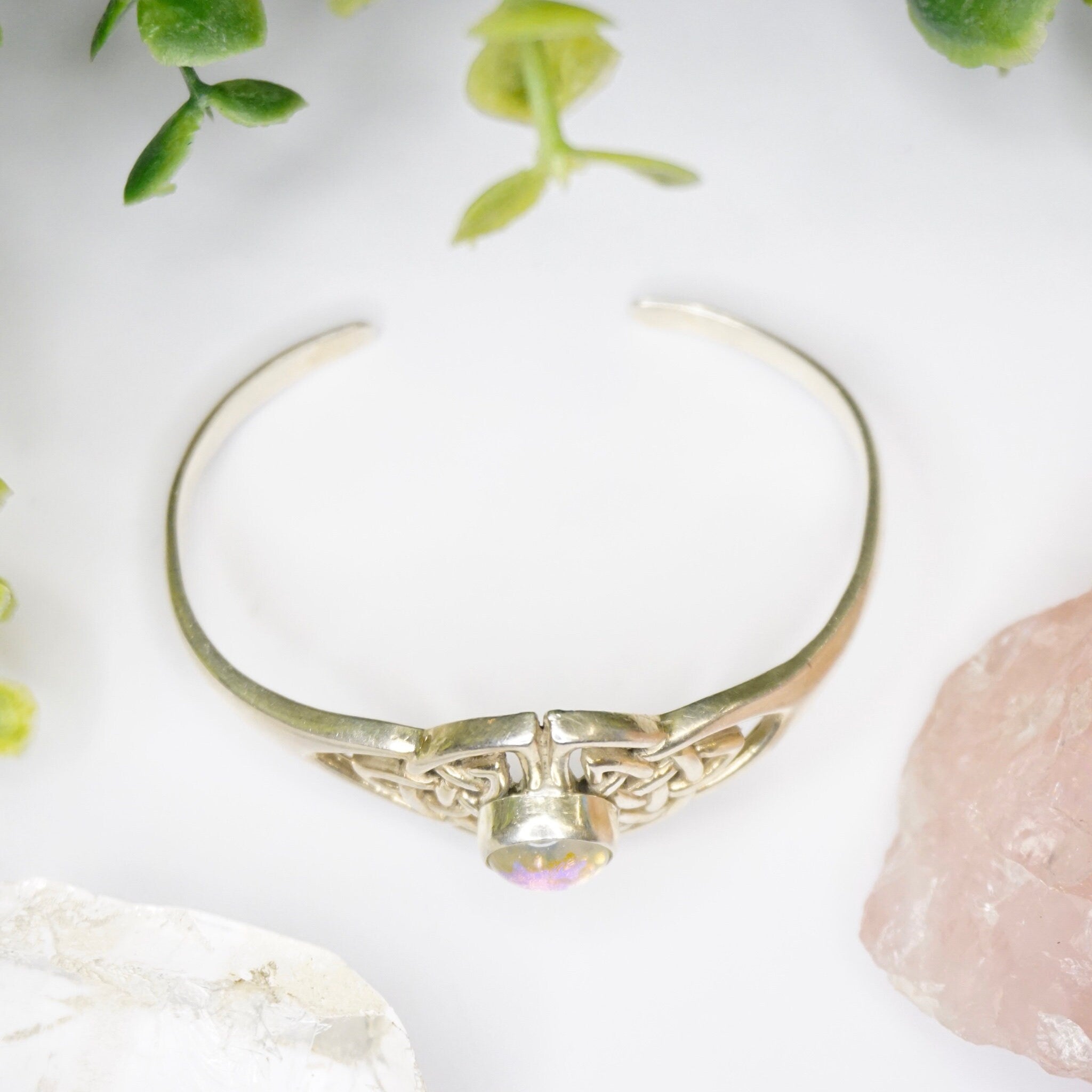 Vintage Synthetic Opal Sterling Silver Cuff, Sterling Silver Cuff With Celtic Knott Design, Silver Cut Out Cuff With Opal Stone, 925 jewelry