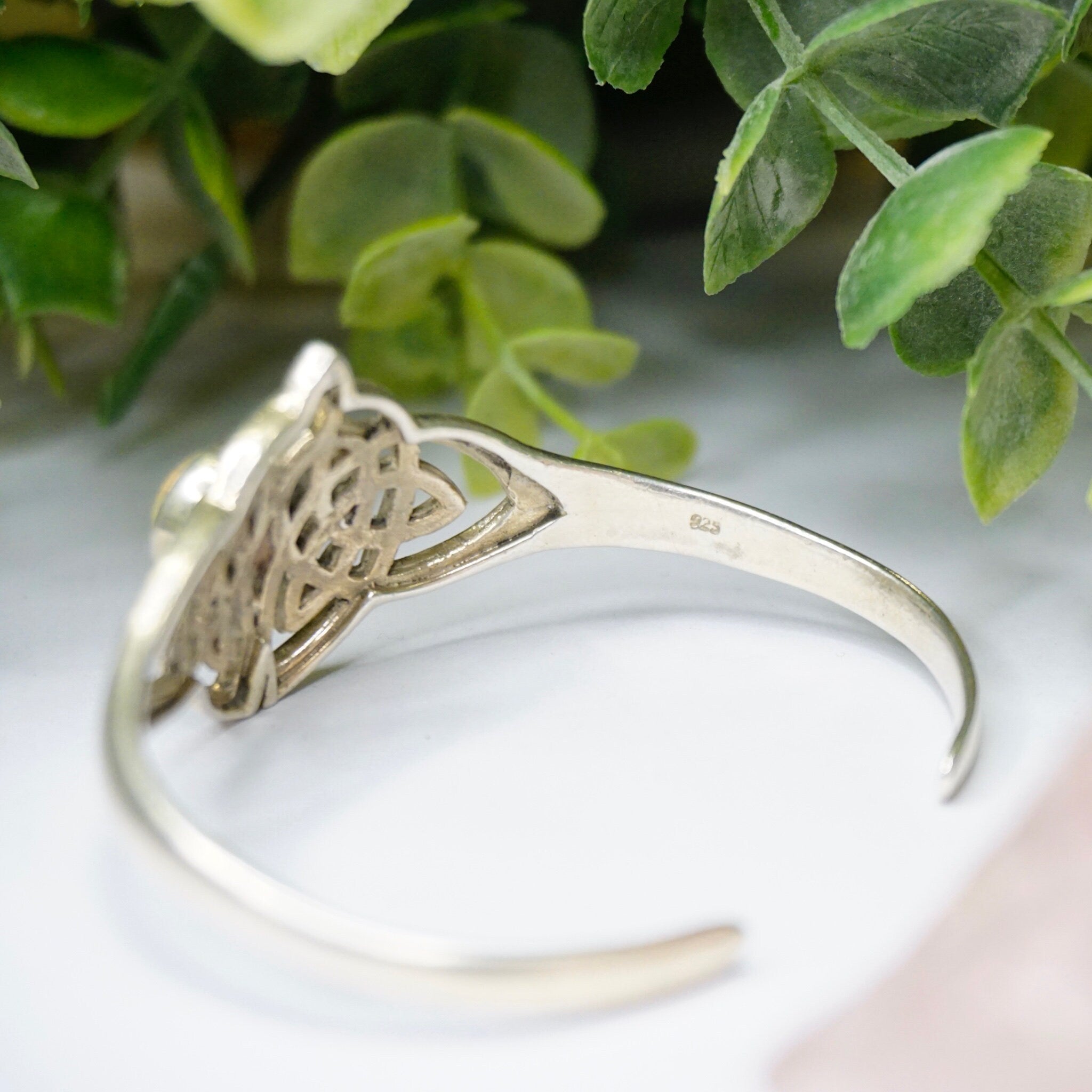 Vintage Synthetic Opal Sterling Silver Cuff, Sterling Silver Cuff With Celtic Knott Design, Silver Cut Out Cuff With Opal Stone, 925 jewelry