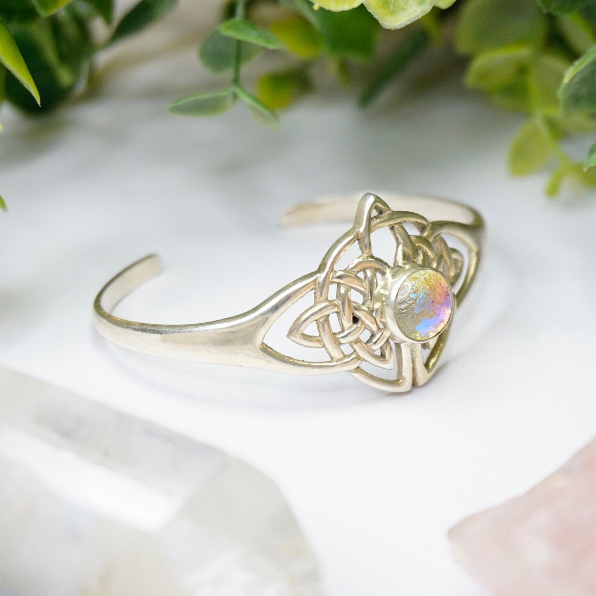 Vintage Synthetic Opal Sterling Silver Cuff, Sterling Silver Cuff With Celtic Knott Design, Silver Cut Out Cuff With Opal Stone, 925 jewelry
