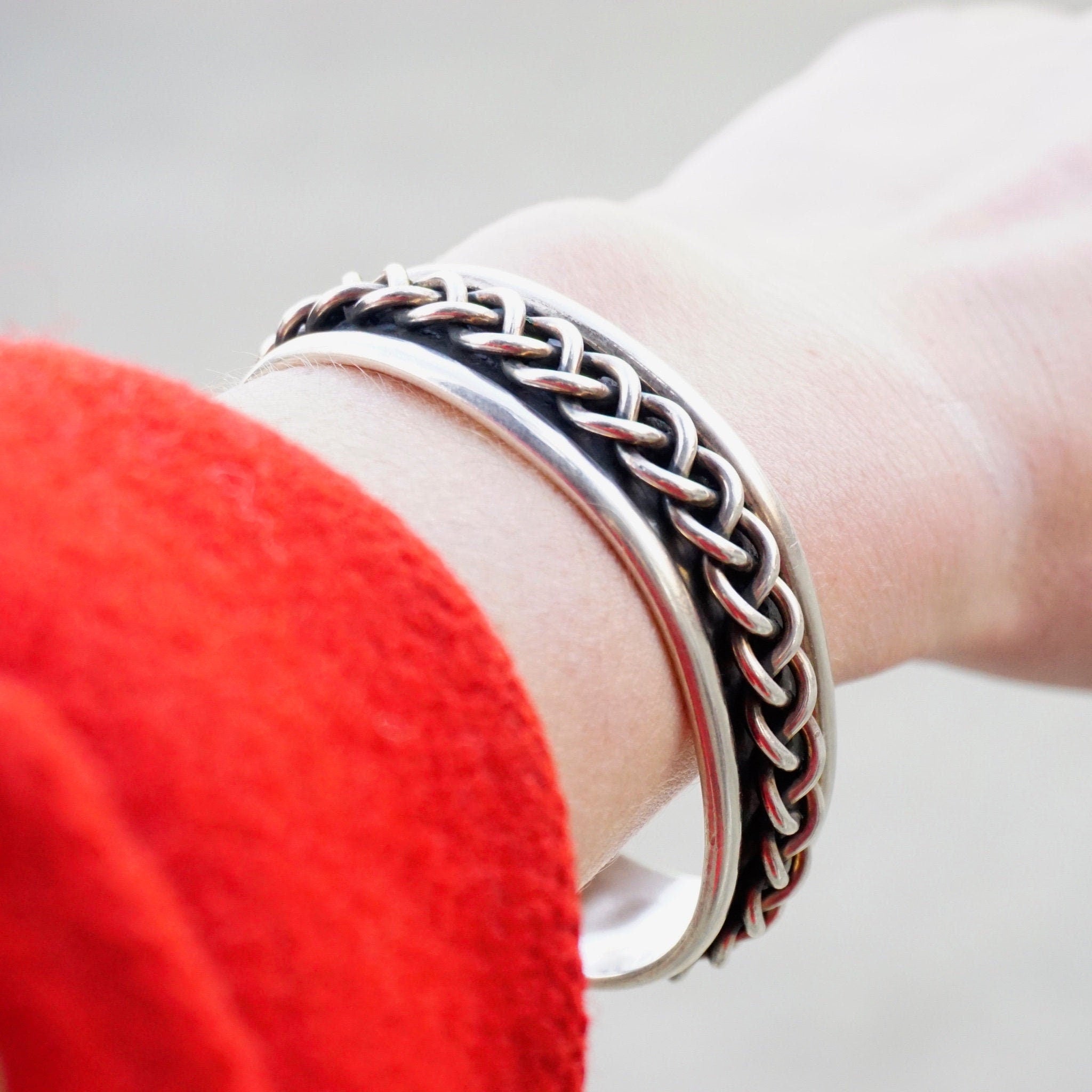 Vintage Braid Sterling Silver Cuff Bracelet, Thick Silver Bracelet With Woven Details, Sterling Silver Cuff Made In Mexico, 925 Jewelry