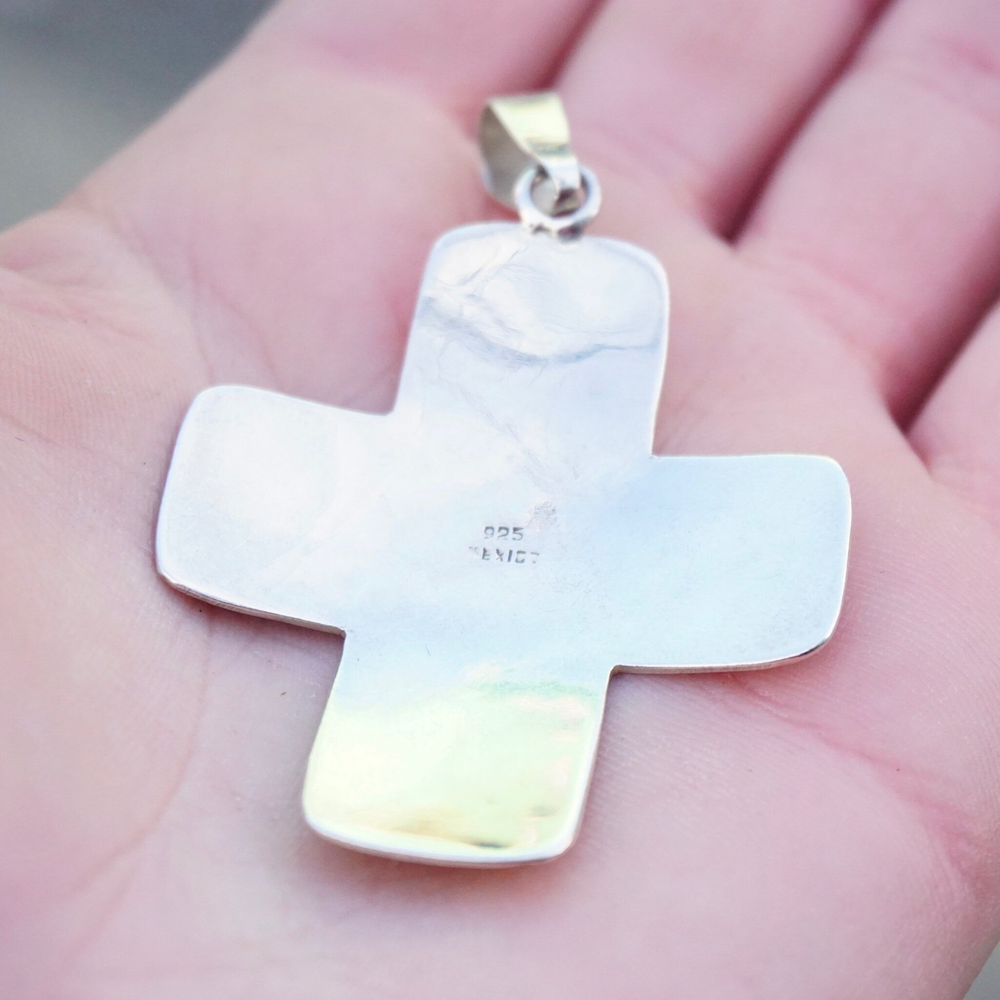 Vintage Sterling Silver Cross Pendant, Engraved Silver Pendant Made In Mexico, Sterling Silver Cross With Hammered Pattern, Mexico 925