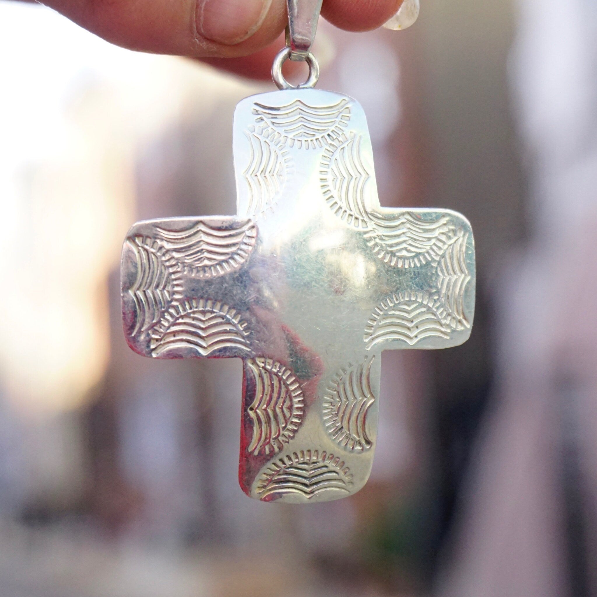 Vintage Sterling Silver Cross Pendant, Engraved Silver Pendant Made In Mexico, Sterling Silver Cross With Hammered Pattern, Mexico 925