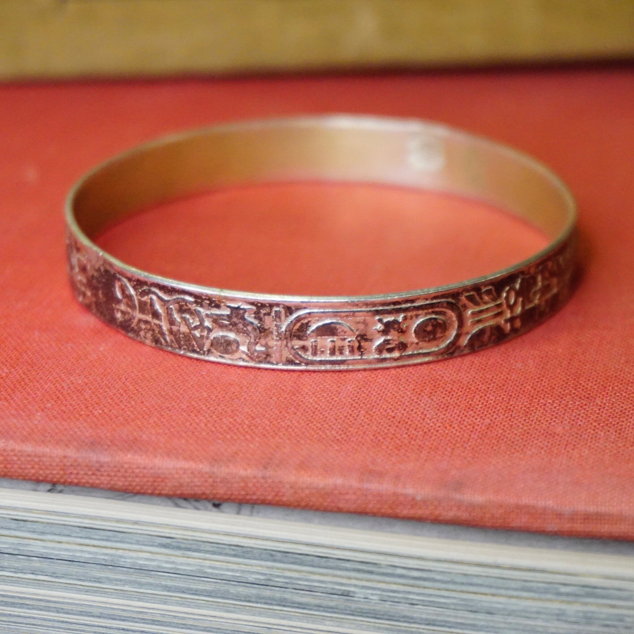 Vintage TAXCO Sterling Silver Hieroglyphic Bangle Bracelet, Antique Silver Bangle With Egyptian Motifs, Made In Mexico, 925 Jewelry