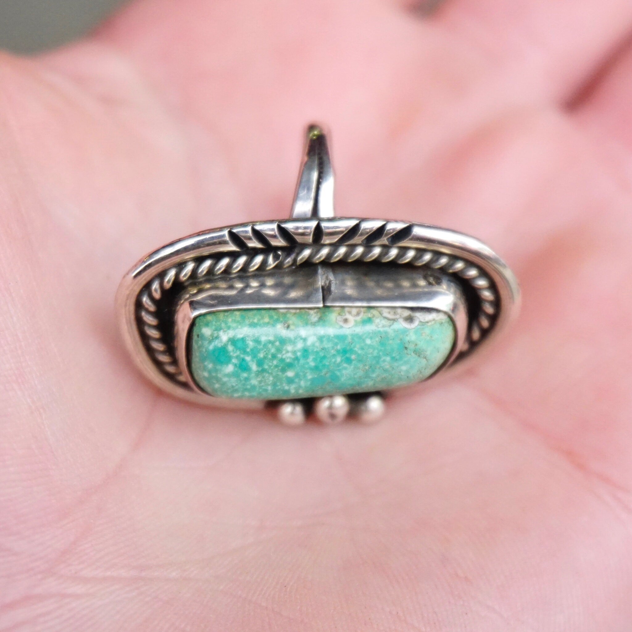 Vintage Native American Turquoise Ring, Handmade Silver And Turquoise Ring, Long Finger Ring With Natural Turquoise, Size 7 1/2 US