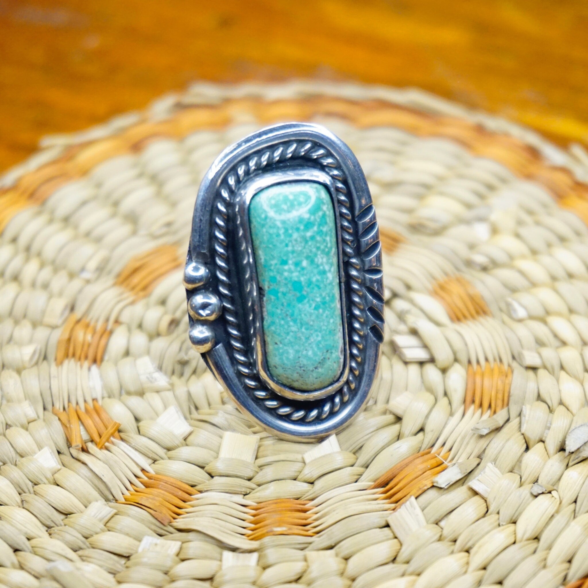 Vintage Native American Turquoise Ring, Handmade Silver And Turquoise Ring, Long Finger Ring With Natural Turquoise, Size 7 1/2 US