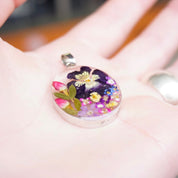 Vintage Dried Flower Resin Sterling Silver Pendant, ATI 925 Mexico Oval Pendant, Pressed Purple Flower Pendant Set In Silver, 925 Jewelry