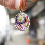 Vintage Dried Flower Resin Sterling Silver Pendant, ATI 925 Mexico Oval Pendant, Pressed Purple Flower Pendant Set In Silver, 925 Jewelry
