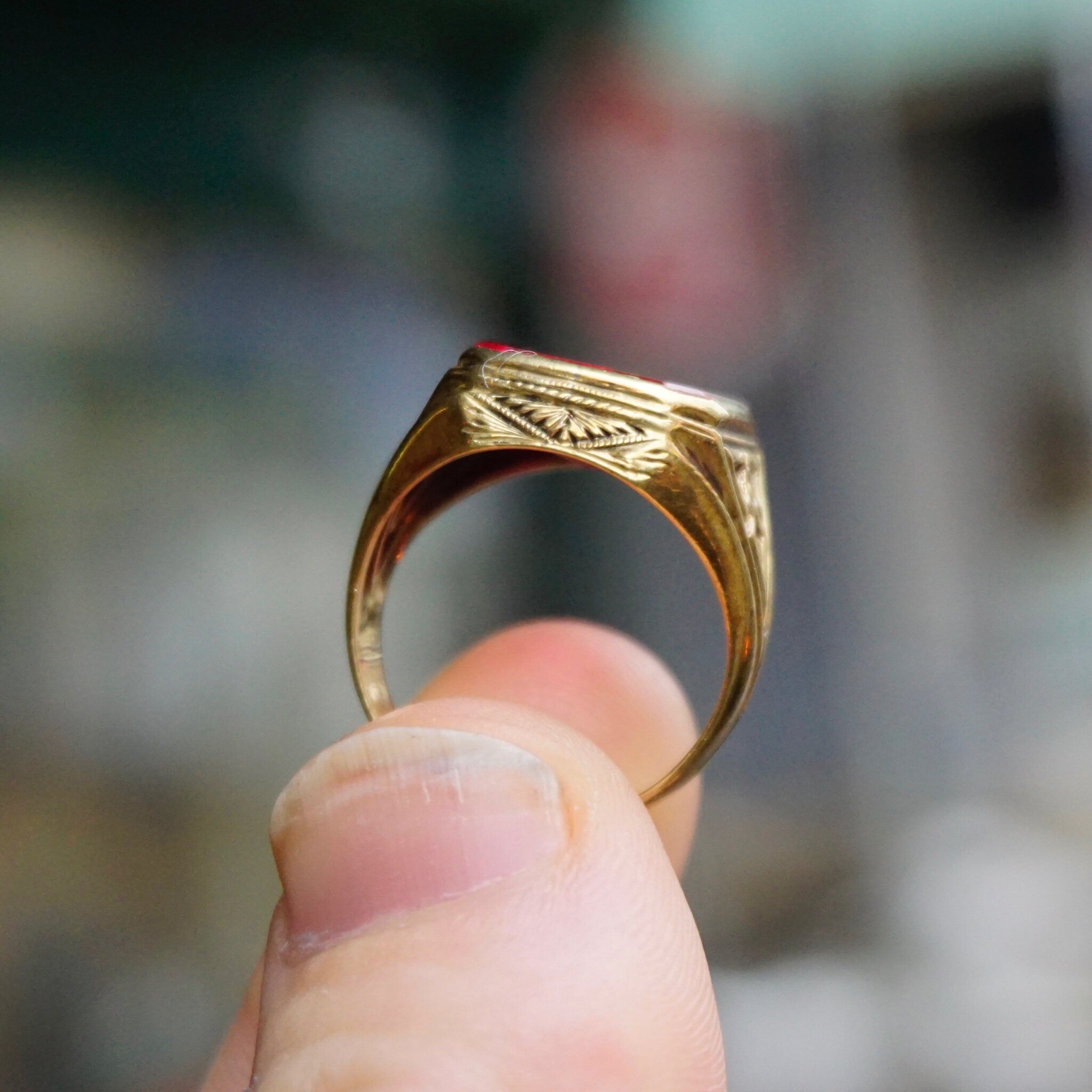 Vintage 14K Gold Ruby Glass Ring, Men's Yellow Gold Estate Ring With Synthetic Ruby Stone, Etched 14K Gold Ring, Statement Ring, Size 8 US