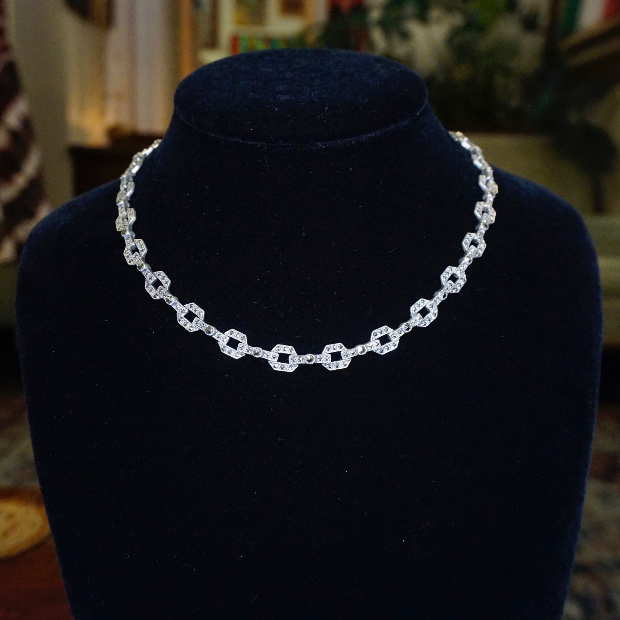Vintage Marcasite Silver Link Choker Necklace, Art Deco Silver & Marcasite Necklace, Beautiful Marcasite Crusted Silver Link Choker, 16.5 in