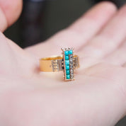 Victorian 14K Gold Turquoise & Diamond Ring, Antique Yellow Gold Ring With Etched Details, Unique Turquoise and Diamond Ring, Size 9 3/4 US