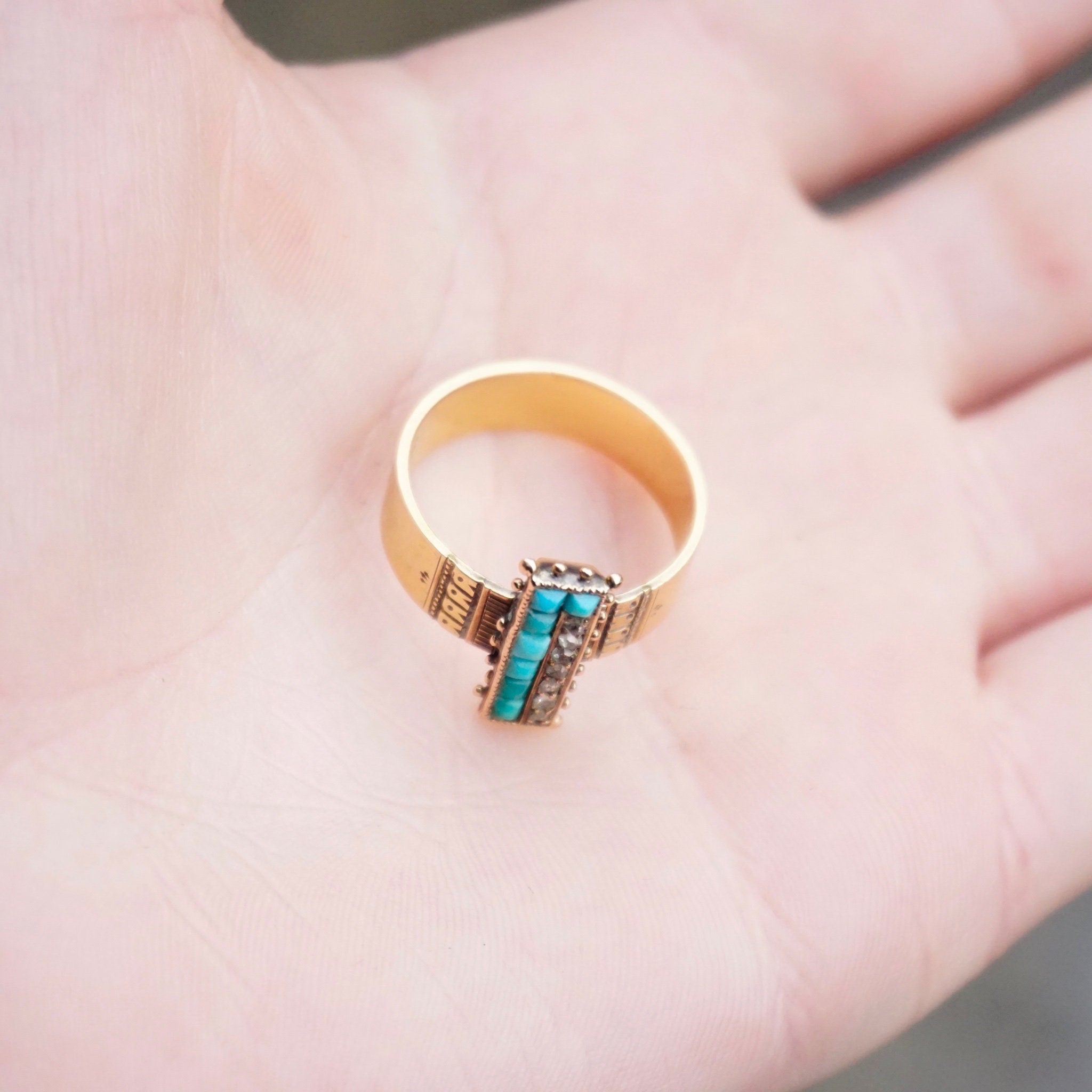 Victorian 14K Gold Turquoise & Diamond Ring, Antique Yellow Gold Ring With Etched Details, Unique Turquoise and Diamond Ring, Size 9 3/4 US