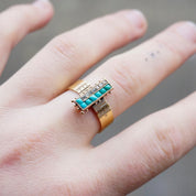 Victorian 14K Gold Turquoise & Diamond Ring, Antique Yellow Gold Ring With Etched Details, Unique Turquoise and Diamond Ring, Size 9 3/4 US