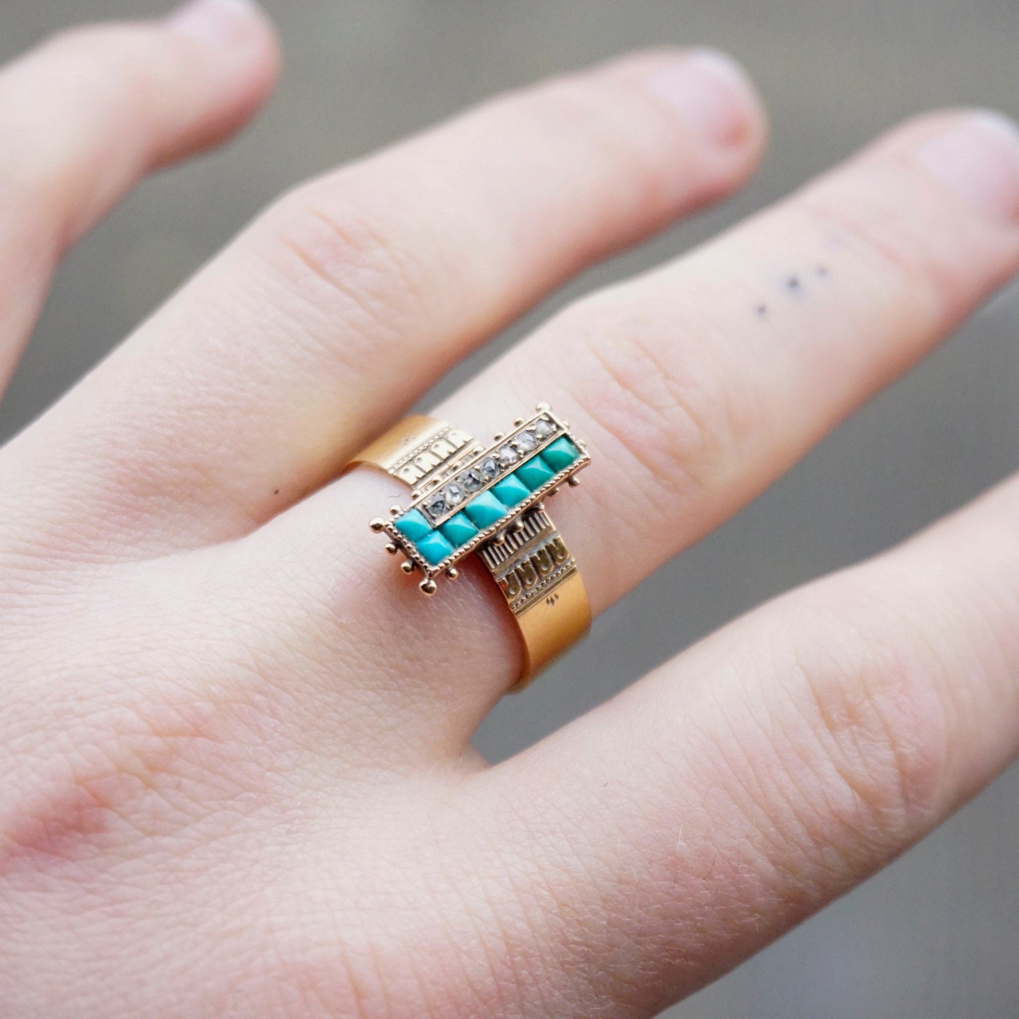 Victorian 14K Gold Turquoise & Diamond Ring, Antique Yellow Gold Ring With Etched Details, Unique Turquoise and Diamond Ring, Size 9 3/4 US