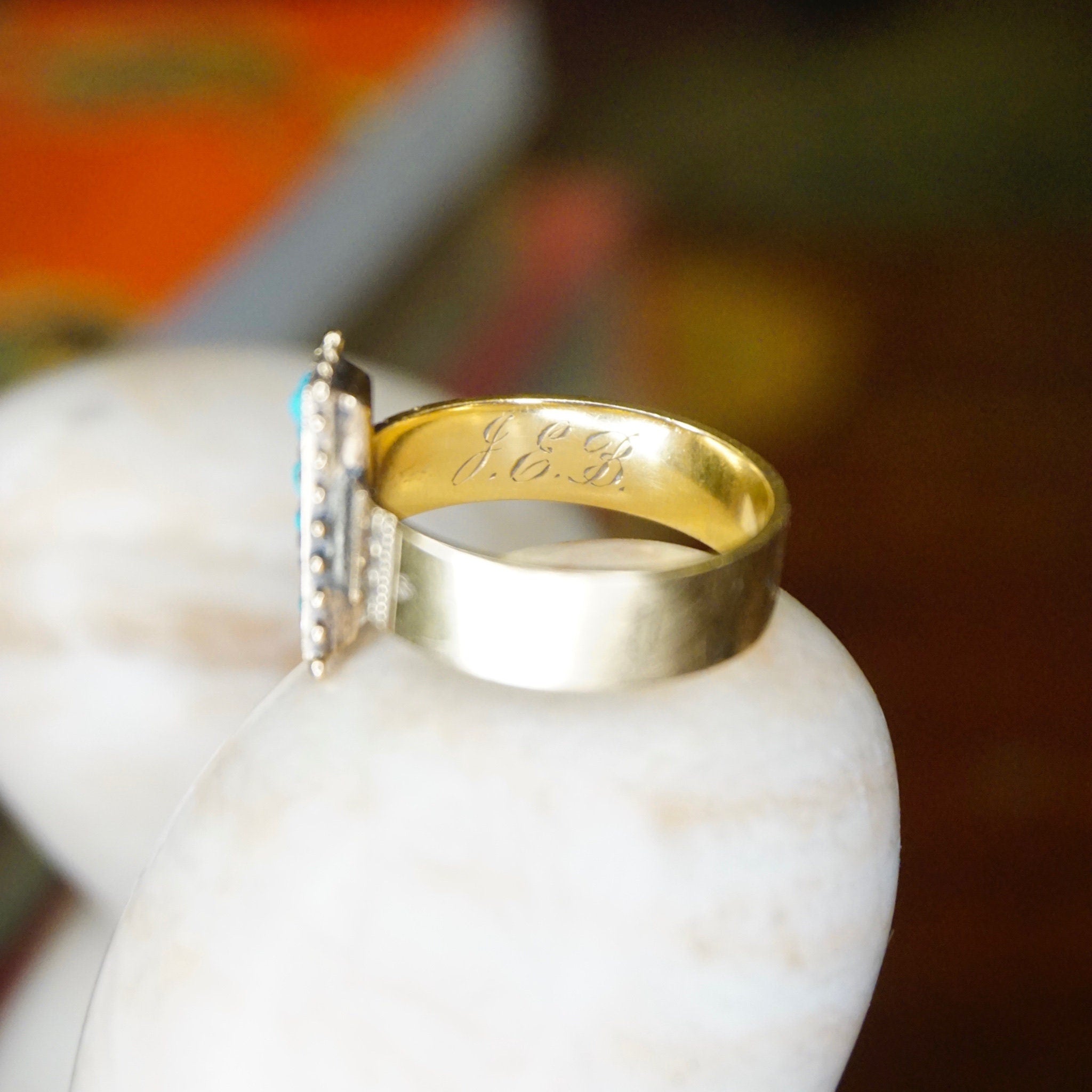 Victorian 14K Gold Turquoise & Diamond Ring, Antique Yellow Gold Ring With Etched Details, Unique Turquoise and Diamond Ring, Size 9 3/4 US