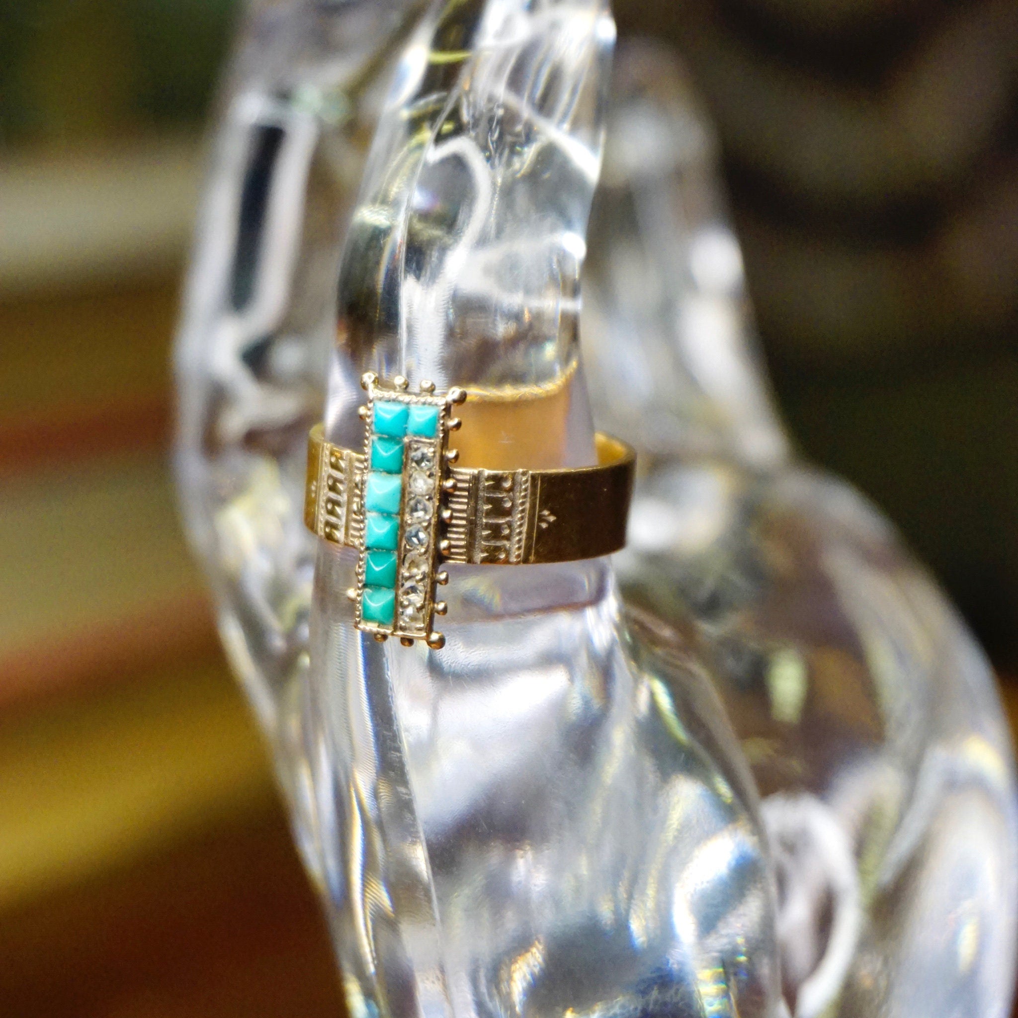 Victorian 14K Gold Turquoise & Diamond Ring, Antique Yellow Gold Ring With Etched Details, Unique Turquoise and Diamond Ring, Size 9 3/4 US